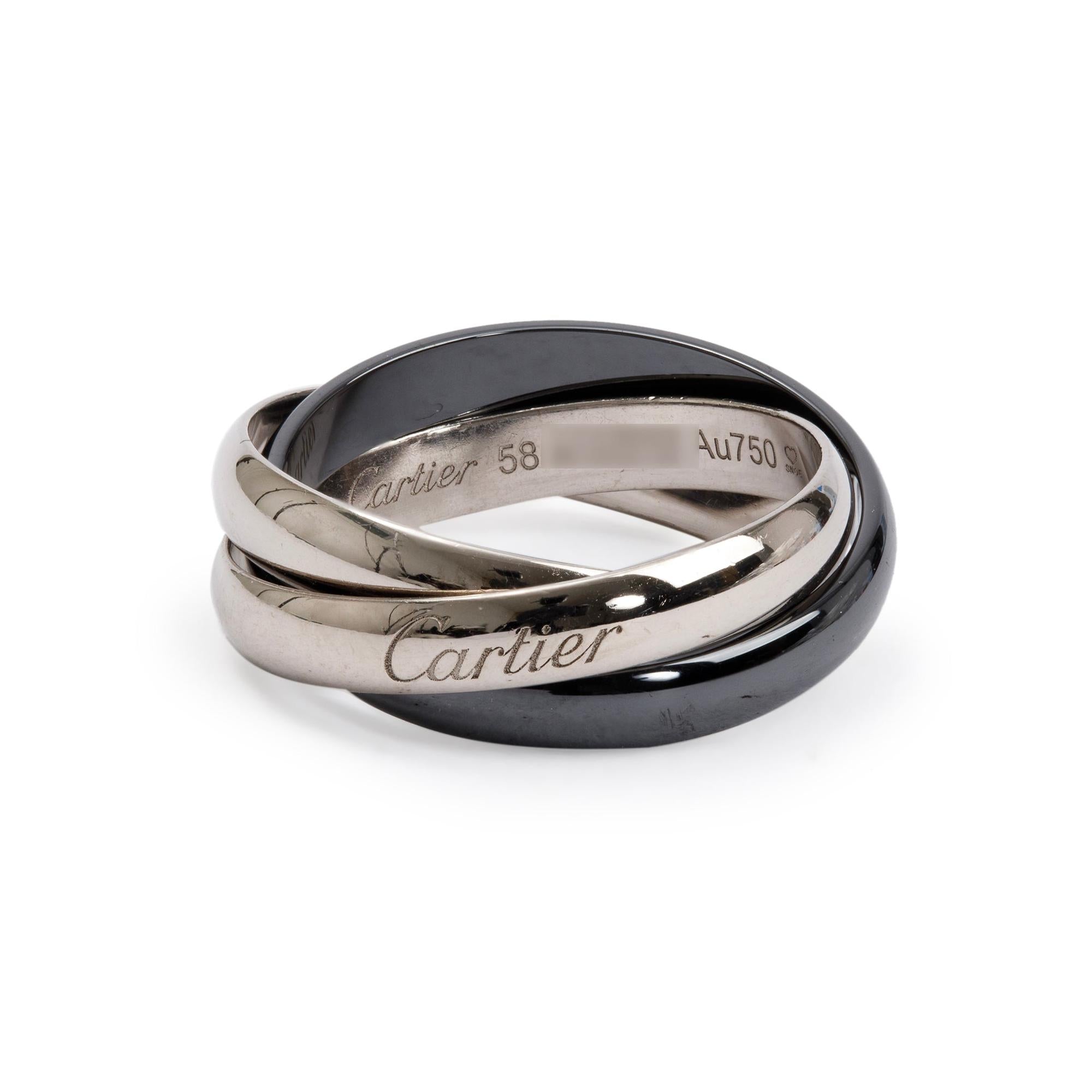 Cartier 18k White Gold & Black Ceramic Trinity Rolling Ring, Size 58 8.75