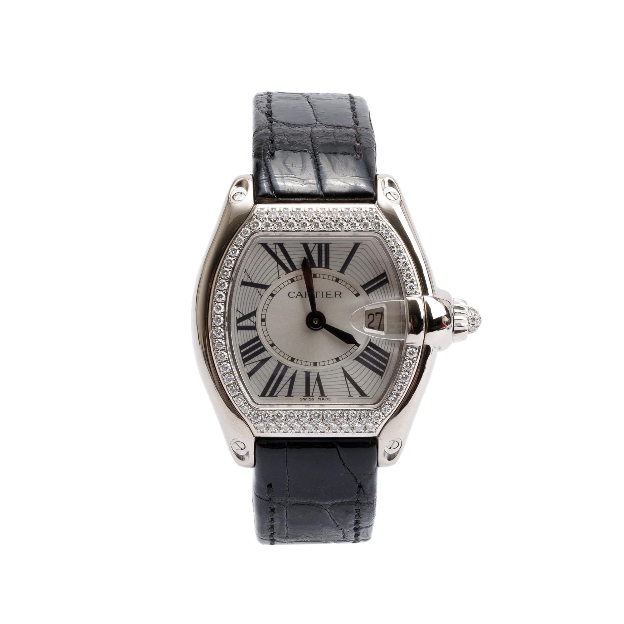Cartier 18k White Gold Diamond Bezel Roadster 31 MM Quartz Watch 2723 w/ Box, Extra Strap & Papers