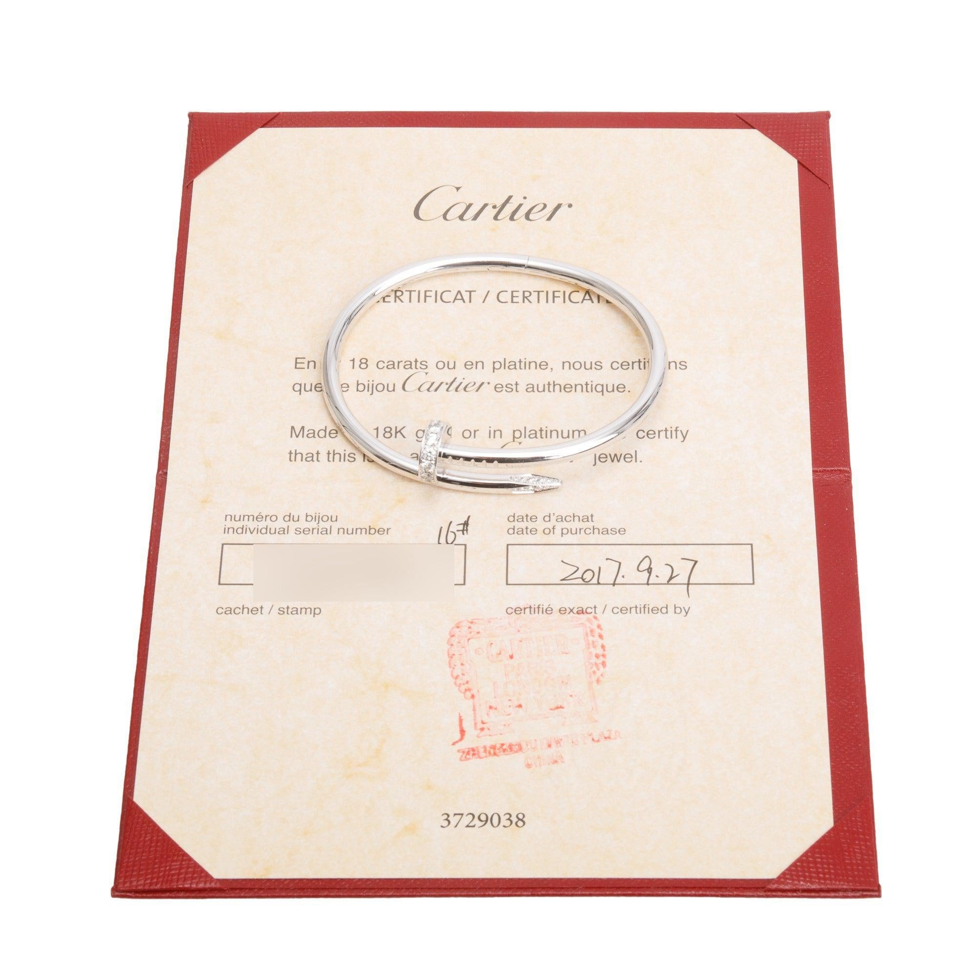 Cartier 18k White Gold Juste Un Clou Diamond Bracelet, Size 16 w/ Certificate