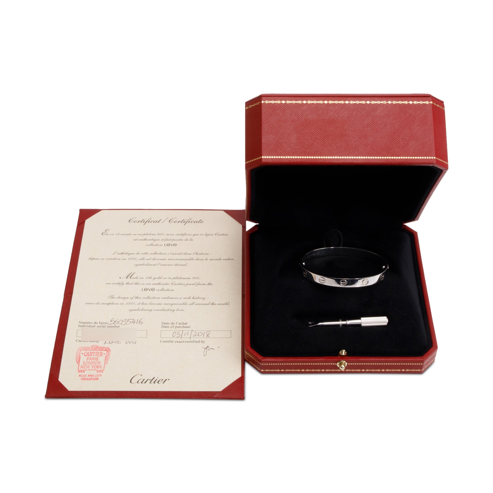 Cartier 18k White Gold Love Bracelet, Size 16 w/ Box & Certificate