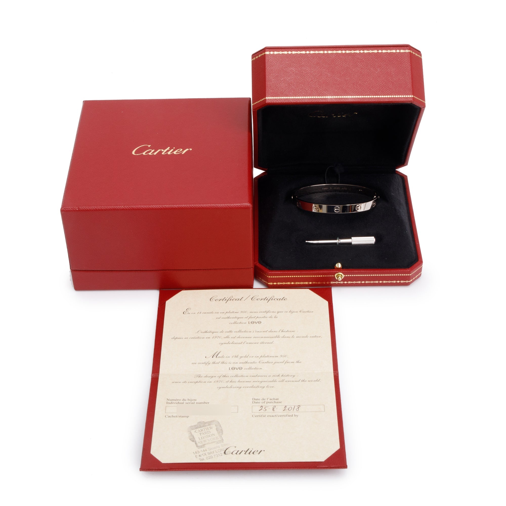 Cartier 18k White Gold Love Bracelet, Size 18 w/ Box & Certificate