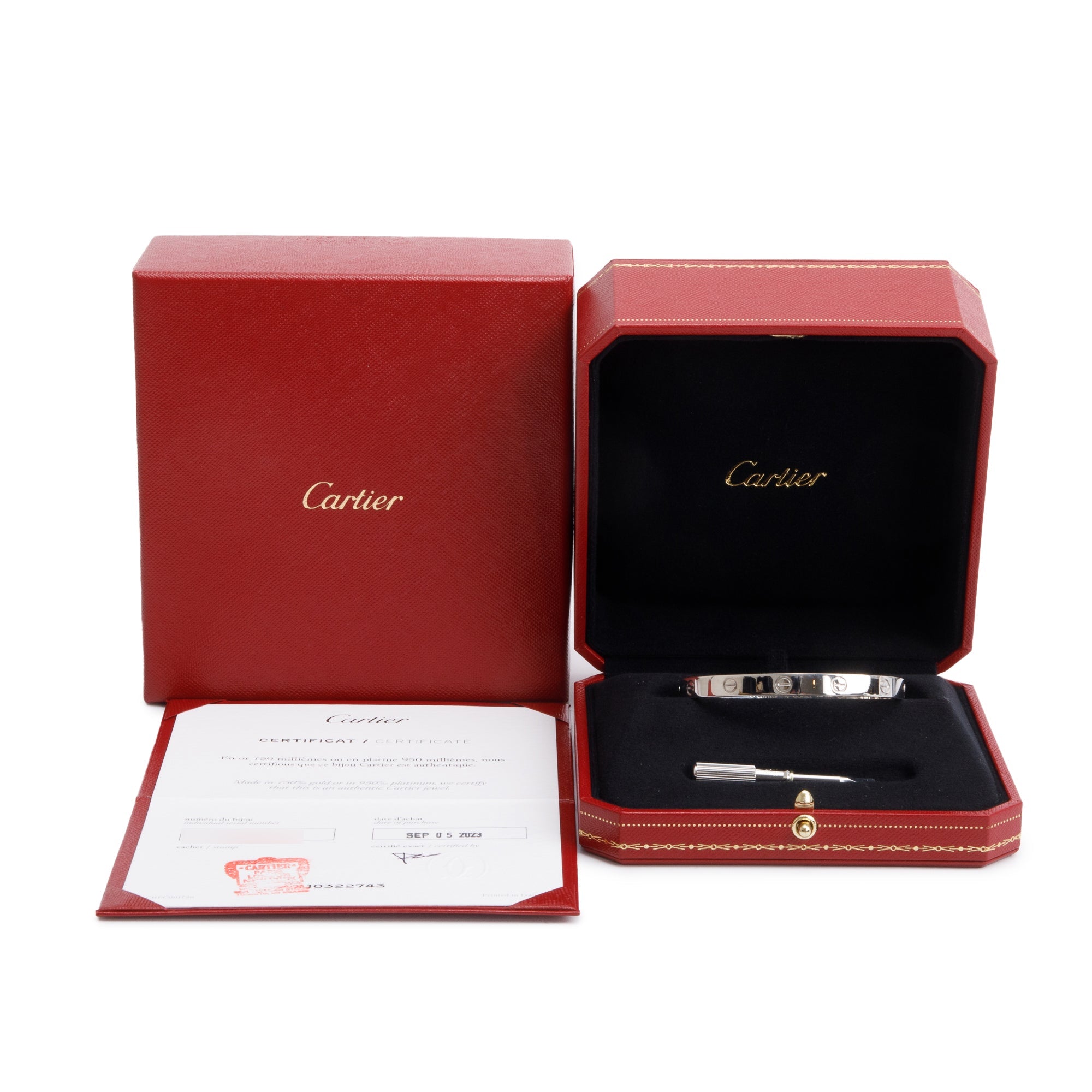 Cartier 18k White Gold Love Bracelet, Size 18 w/ Box, Receipt & Certificate