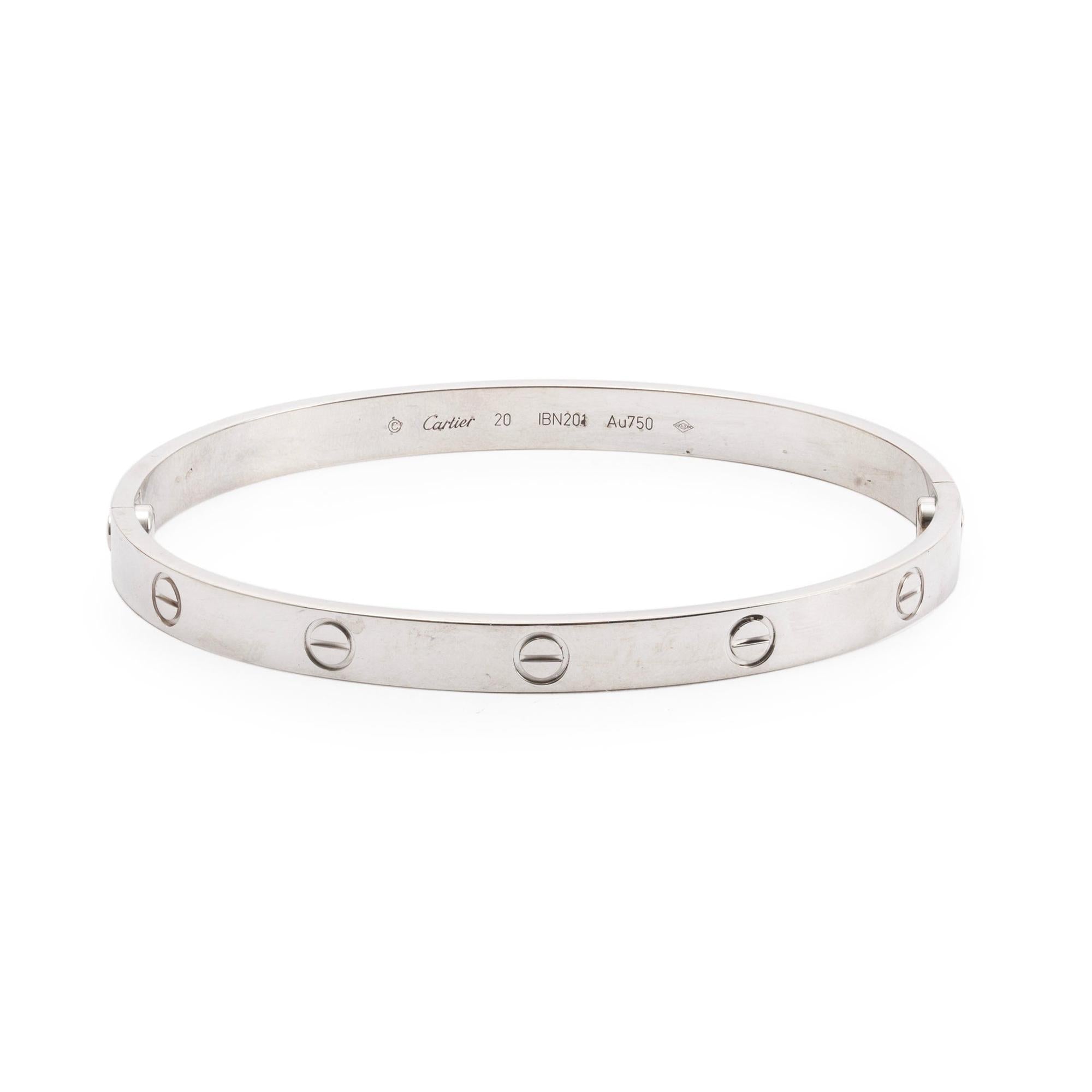 Cartier 18k White Gold Love Bracelet, Size 20 w/ Certificate