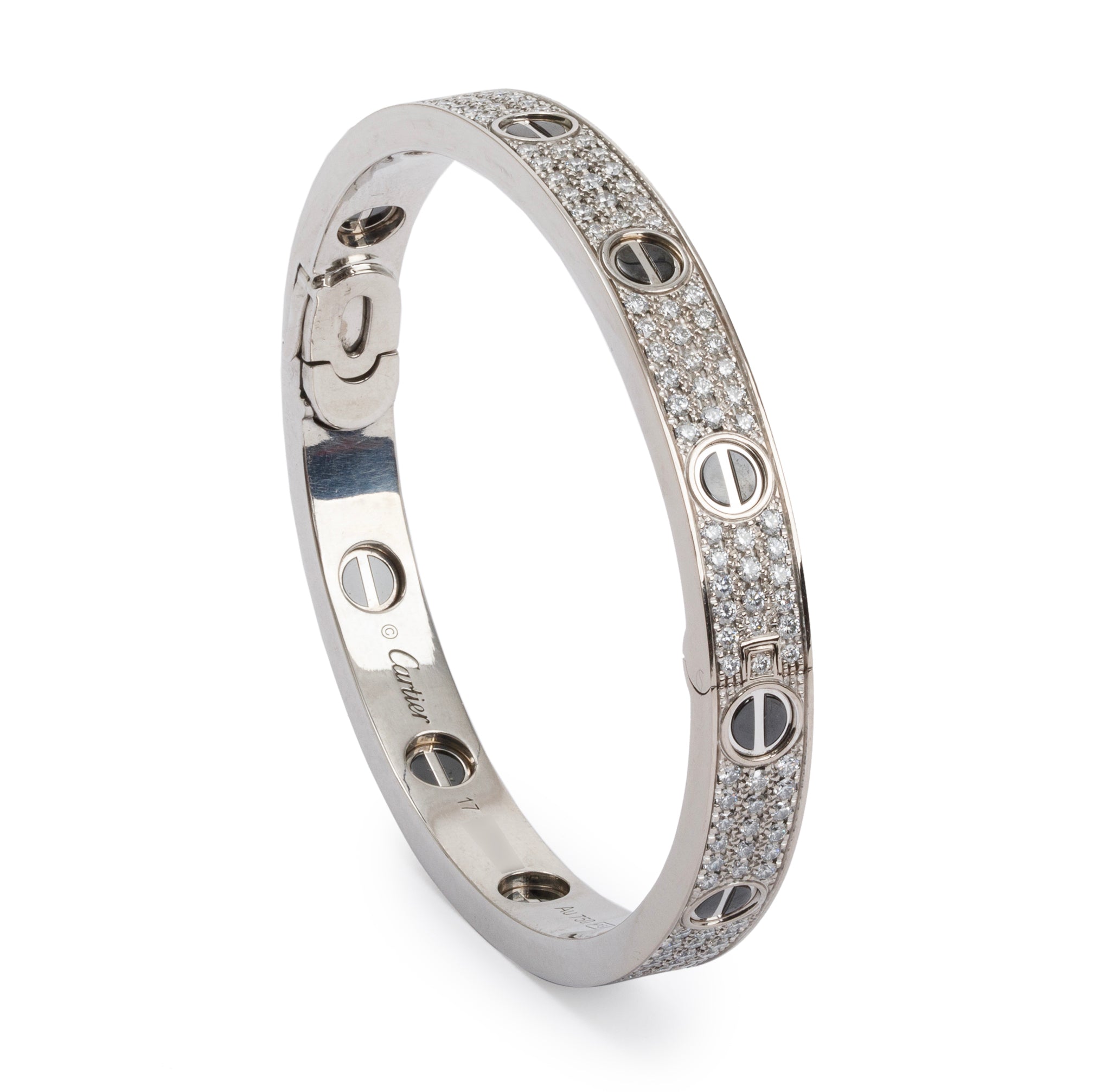 Cartier 18k White Gold Pave Diamond & Black Ceramic Love Bracelet, Size 17 w/ Box