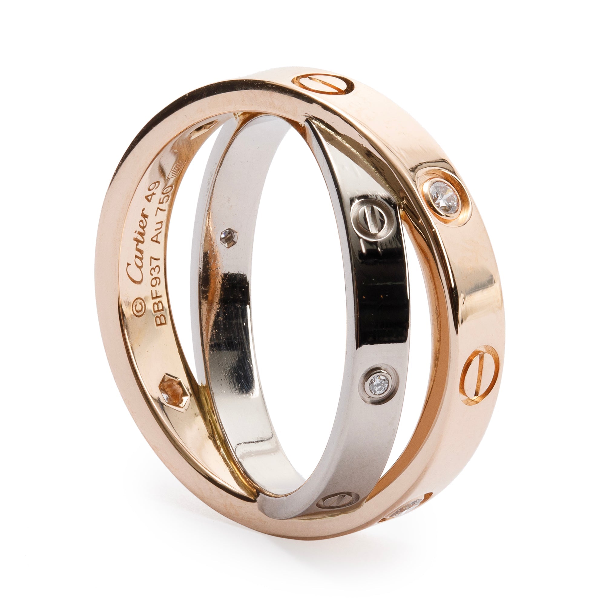 Cartier 18k White Gold and Rose Gold Interlocking Love Ring with 6 Diamonds w/ Box