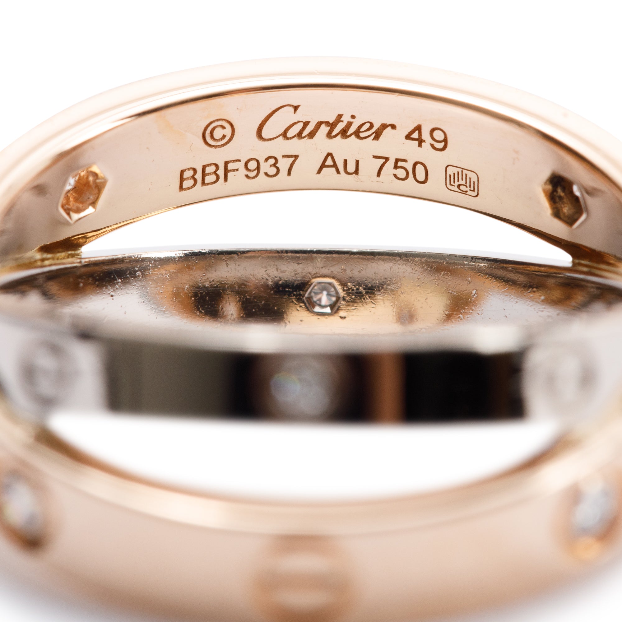 Cartier 18k White Gold and Rose Gold Interlocking Love Ring with 6 Diamonds w/ Box