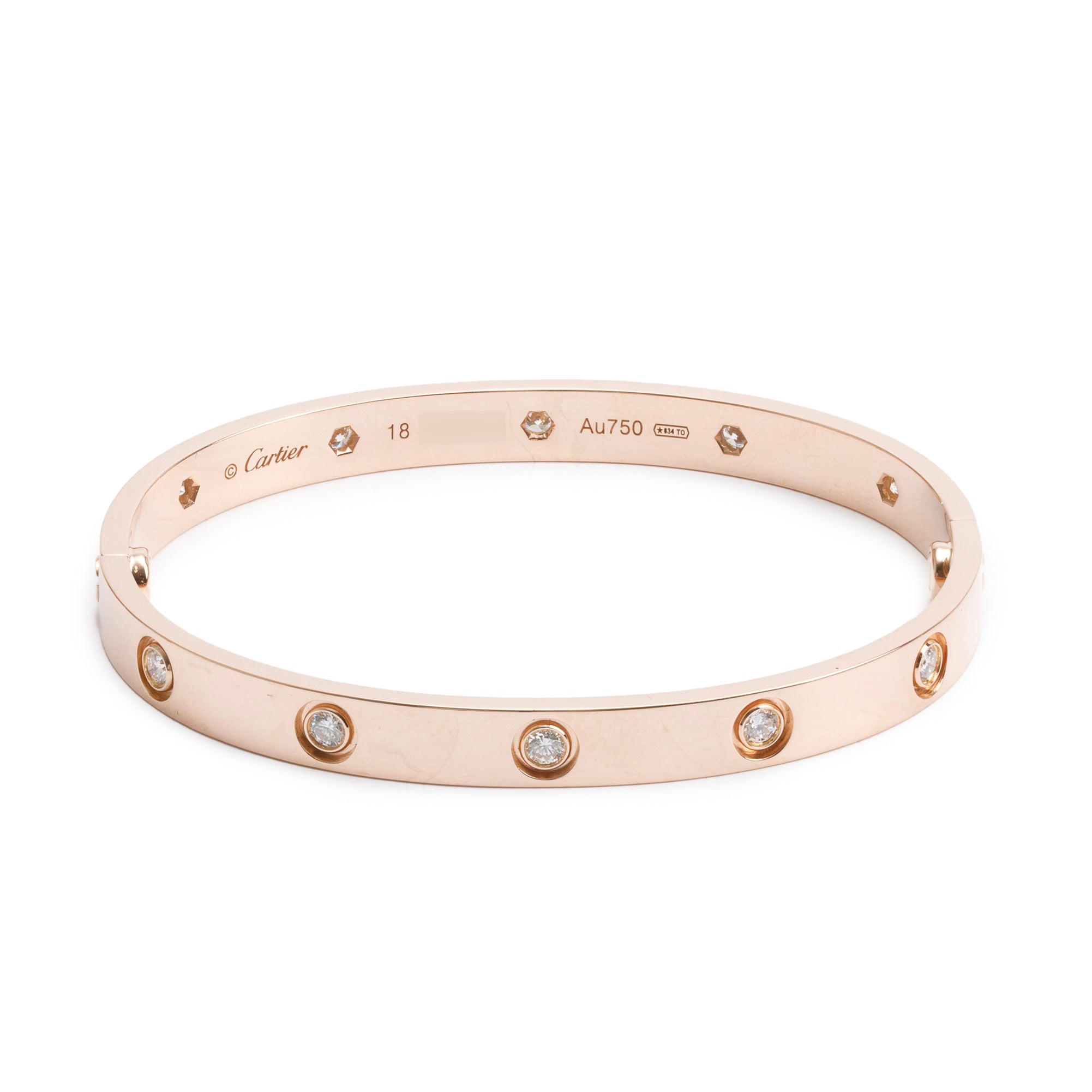 Cartier 18k Yellow Gold 10 Diamond Love Bracelet, Size 18 w/ Box & Certificate