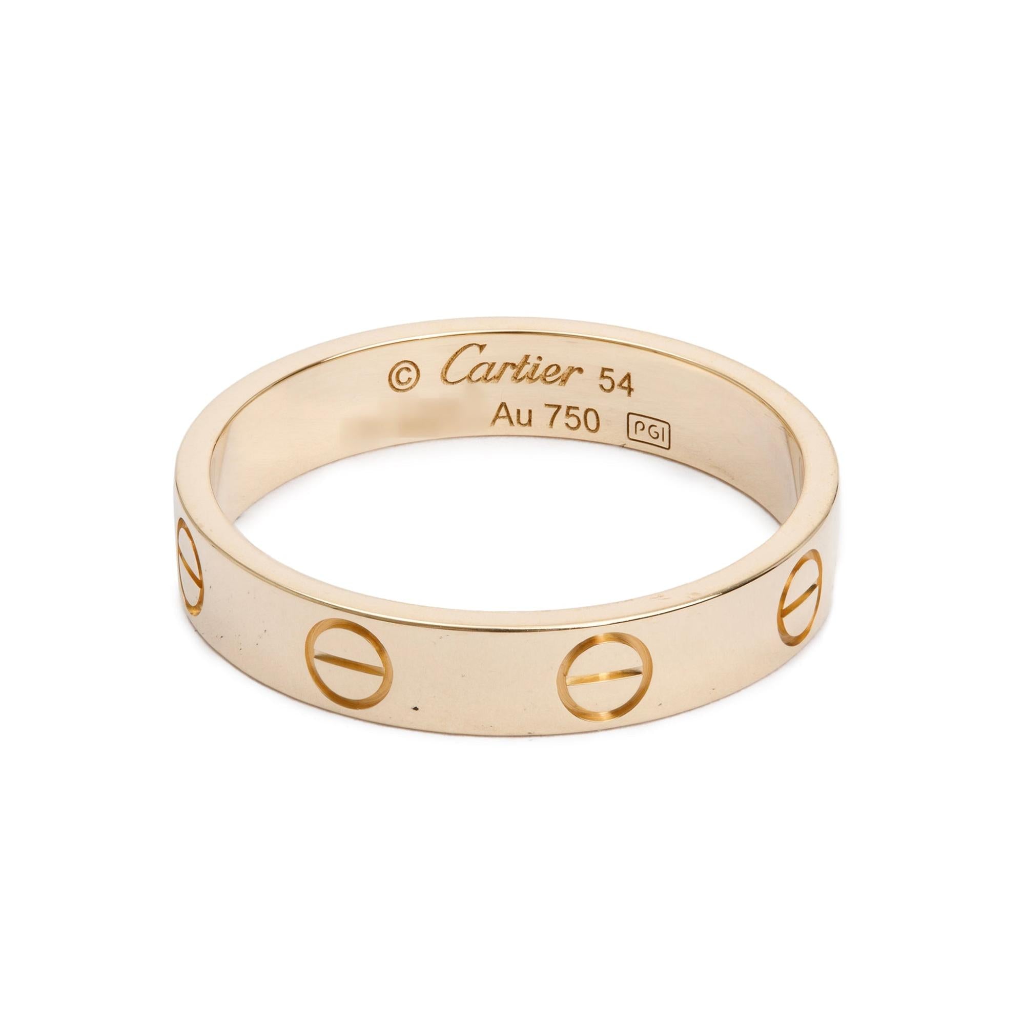 Cartier 18k Yellow Gold 3.6 mm Love Wedding Band Ring, Size 54 6.75