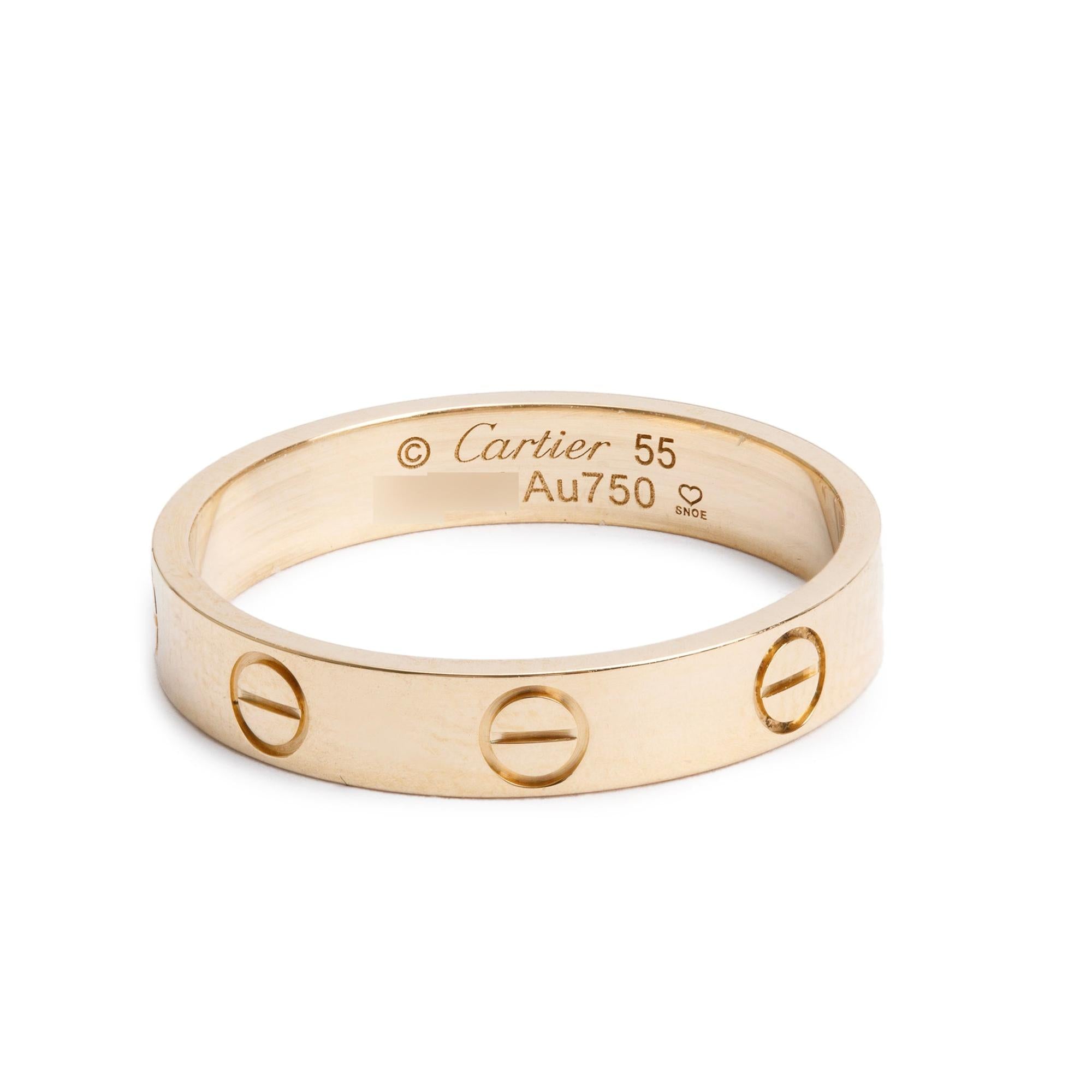 Cartier 18k Yellow Gold 3.6 mm Love Wedding Band Ring, Size 55 7.25