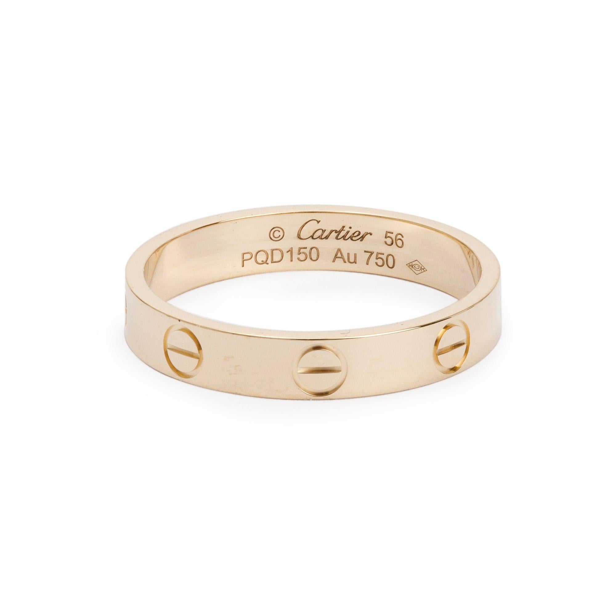Cartier 18k Yellow Gold 3.6 mm Love Wedding Band Ring, Size 56 7.75 w/ Box & Certificate