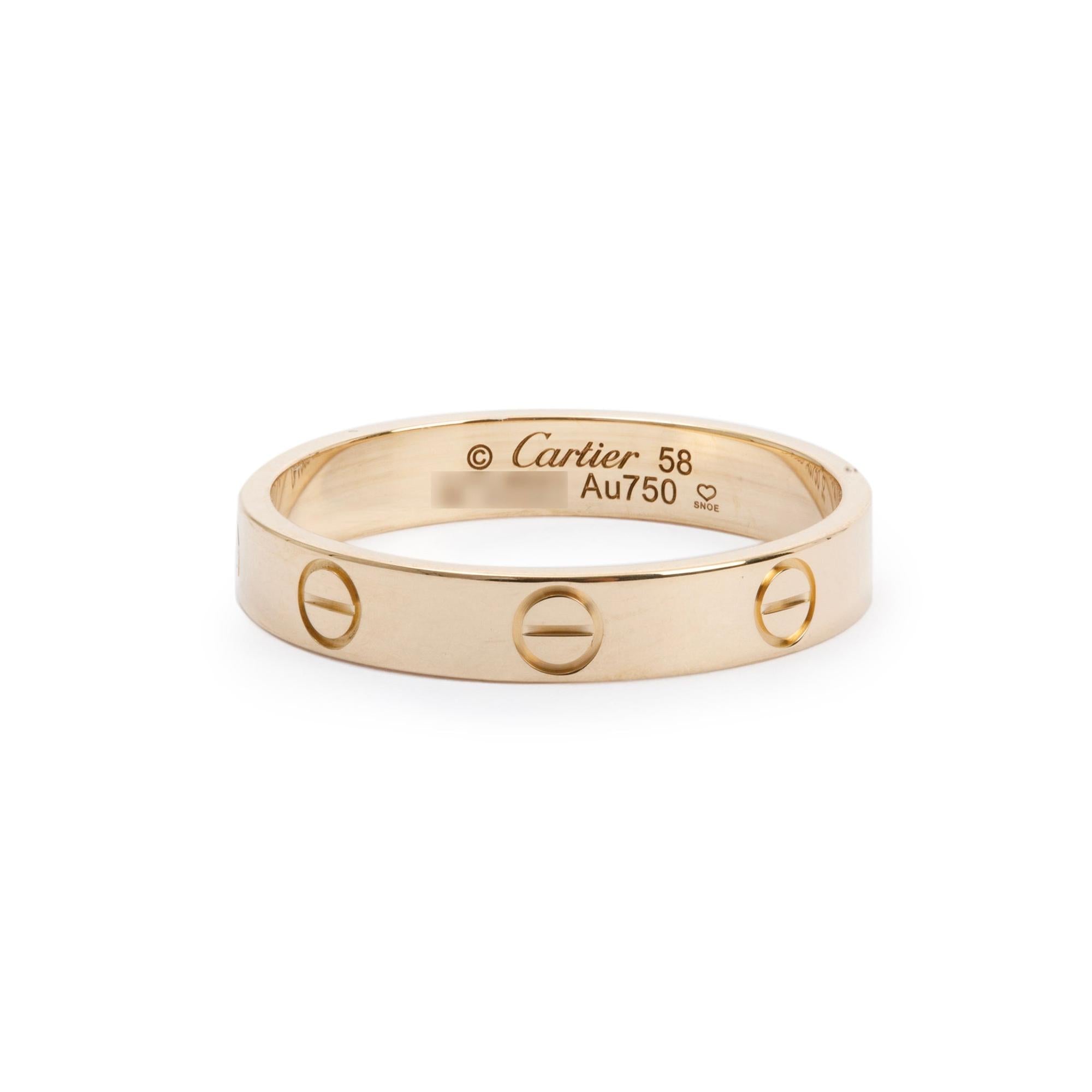 Cartier 18k Yellow Gold 3.6 mm Love Wedding Band Ring, Size 58 8.25 w/ Certificate