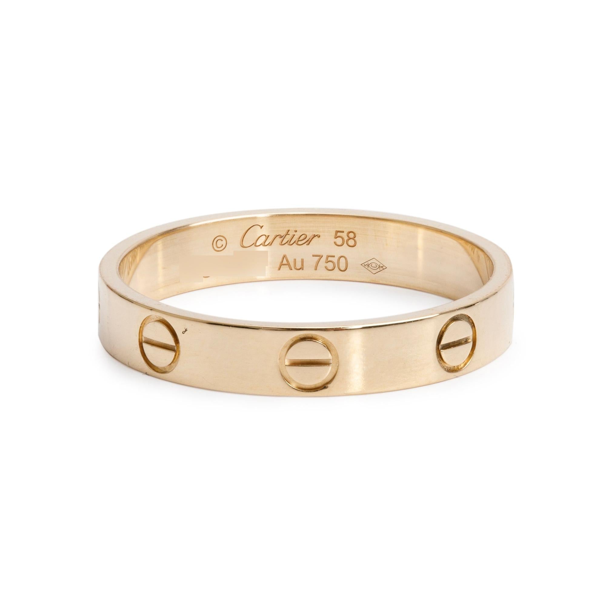 Cartier 18k Yellow Gold 3.6 mm Love Wedding Band Ring, Size 58 8.5