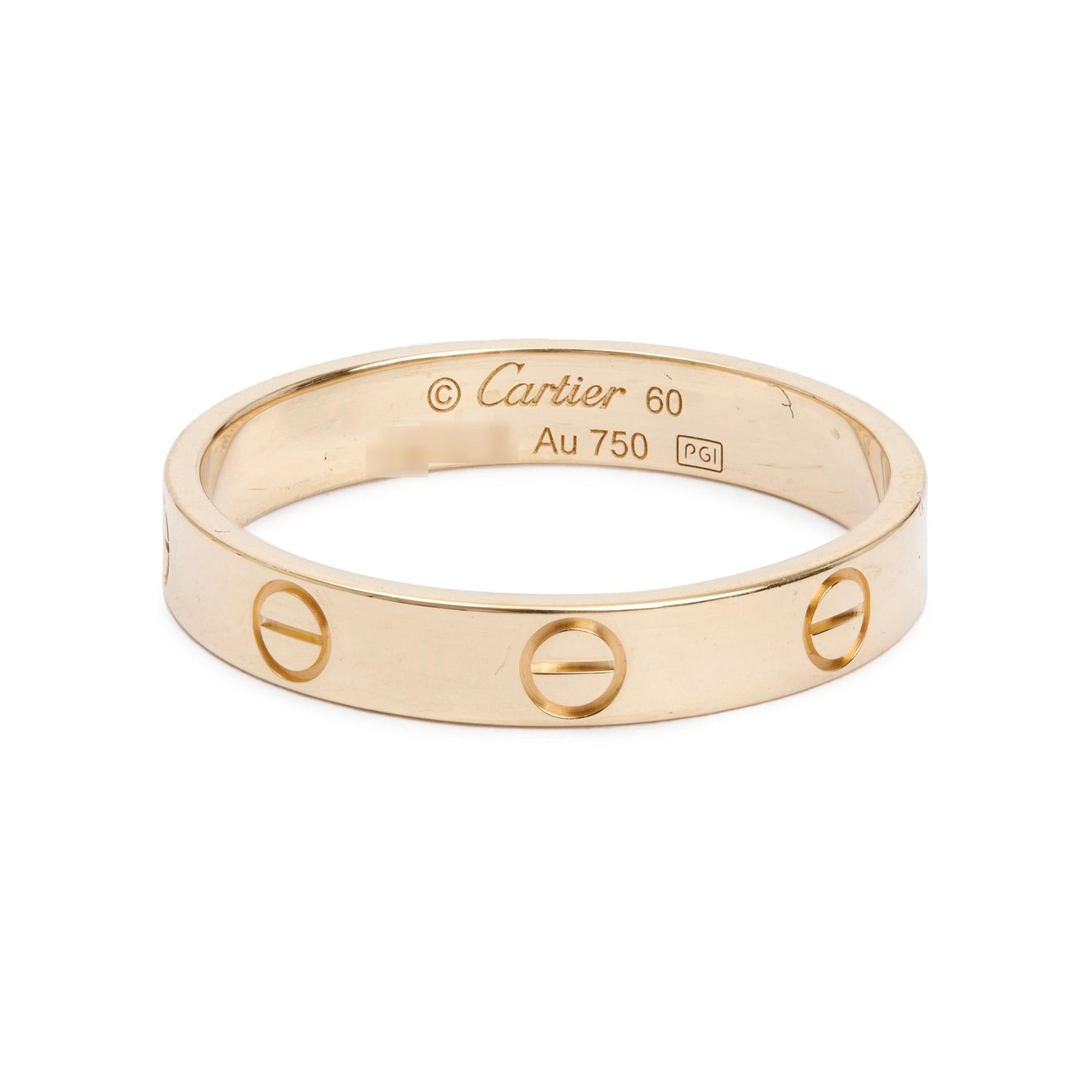 Cartier 18k Yellow Gold 3.6 mm Love Wedding Band Ring, Size 60 9.25