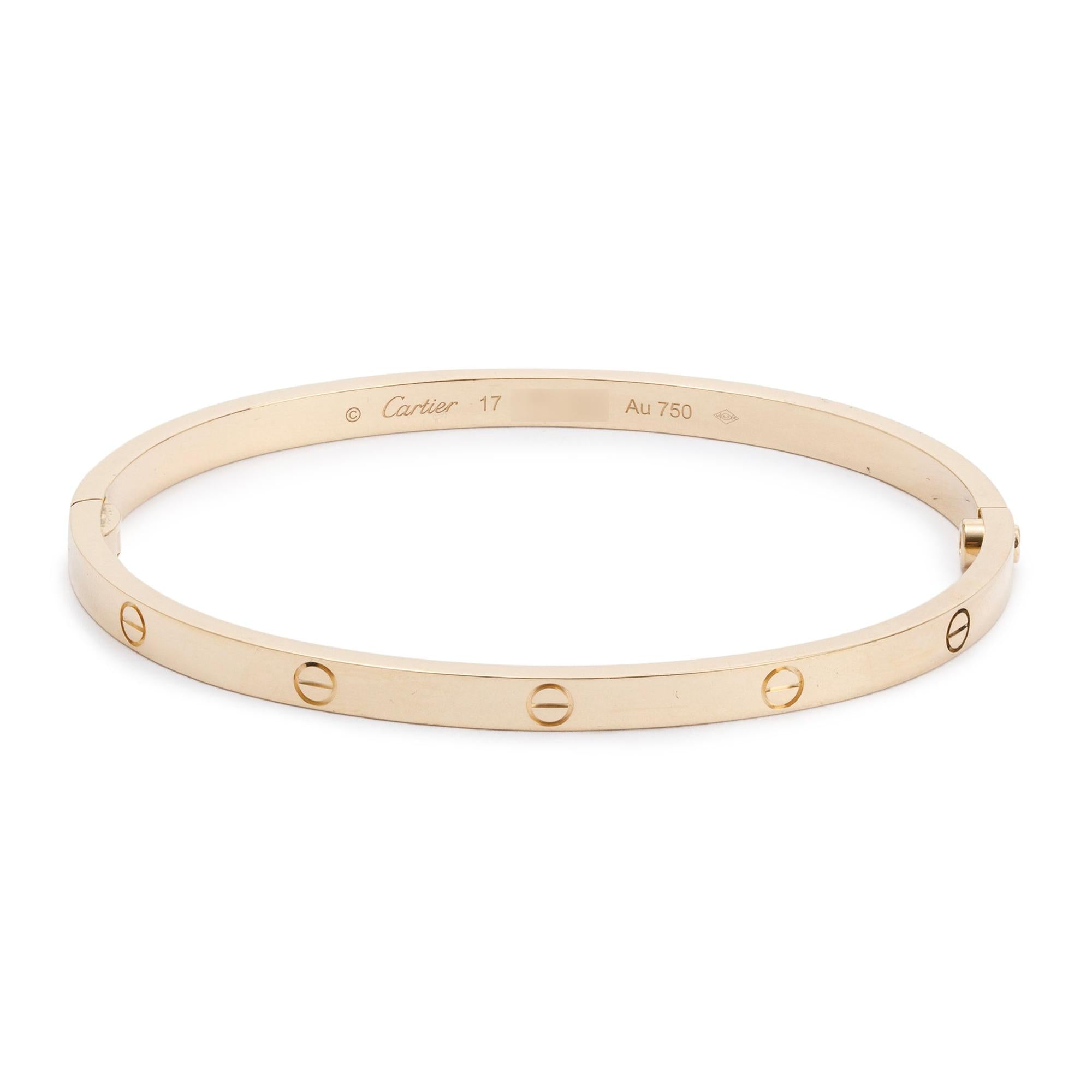 Cartier 18k Yellow Gold 3.65 MM Love Bracelet, Small Model, Size 17 w/ Box