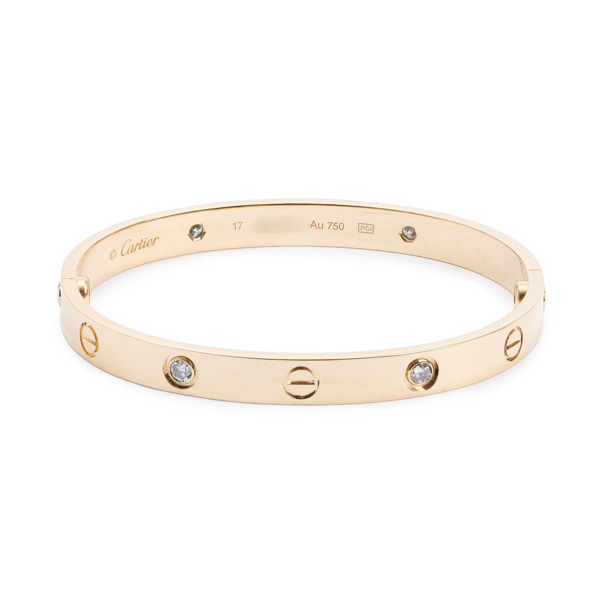 Cartier 18k Yellow Gold 4 Diamond Love Bracelet, Size 17 w/ Certificate