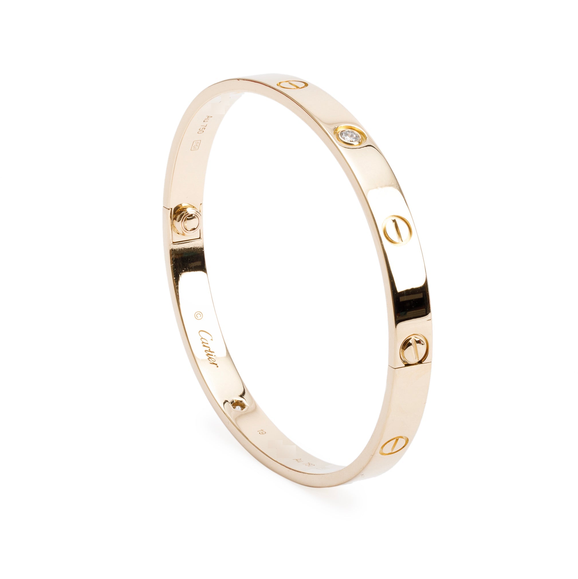 Cartier 18k Yellow Gold 4 Diamond Love Bracelet, Size 19 w/ Box & Certificate