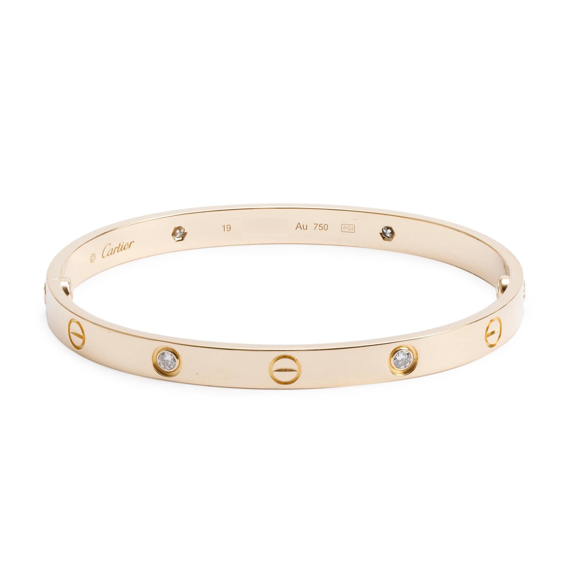 Cartier 18k Yellow Gold 4 Diamond Love Bracelet, Size 19 w/ Box & Certificate