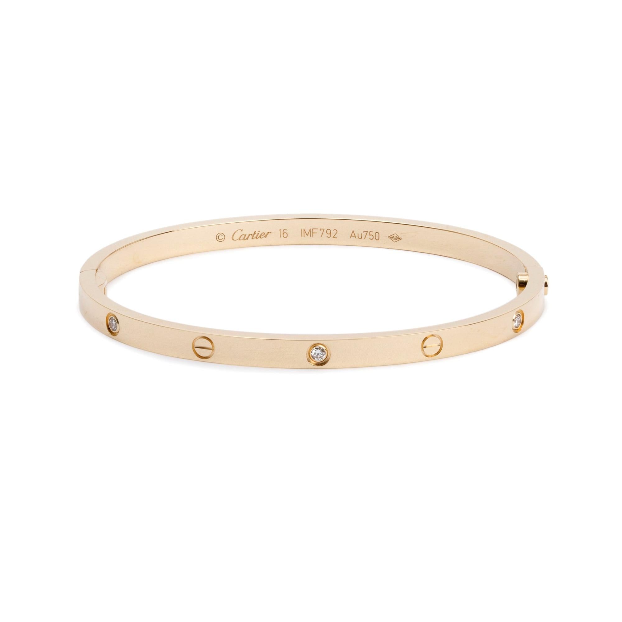 Cartier 18k Yellow Gold 6 Diamond Love Bracelet, Small Model, Size 16 w/ Certificate