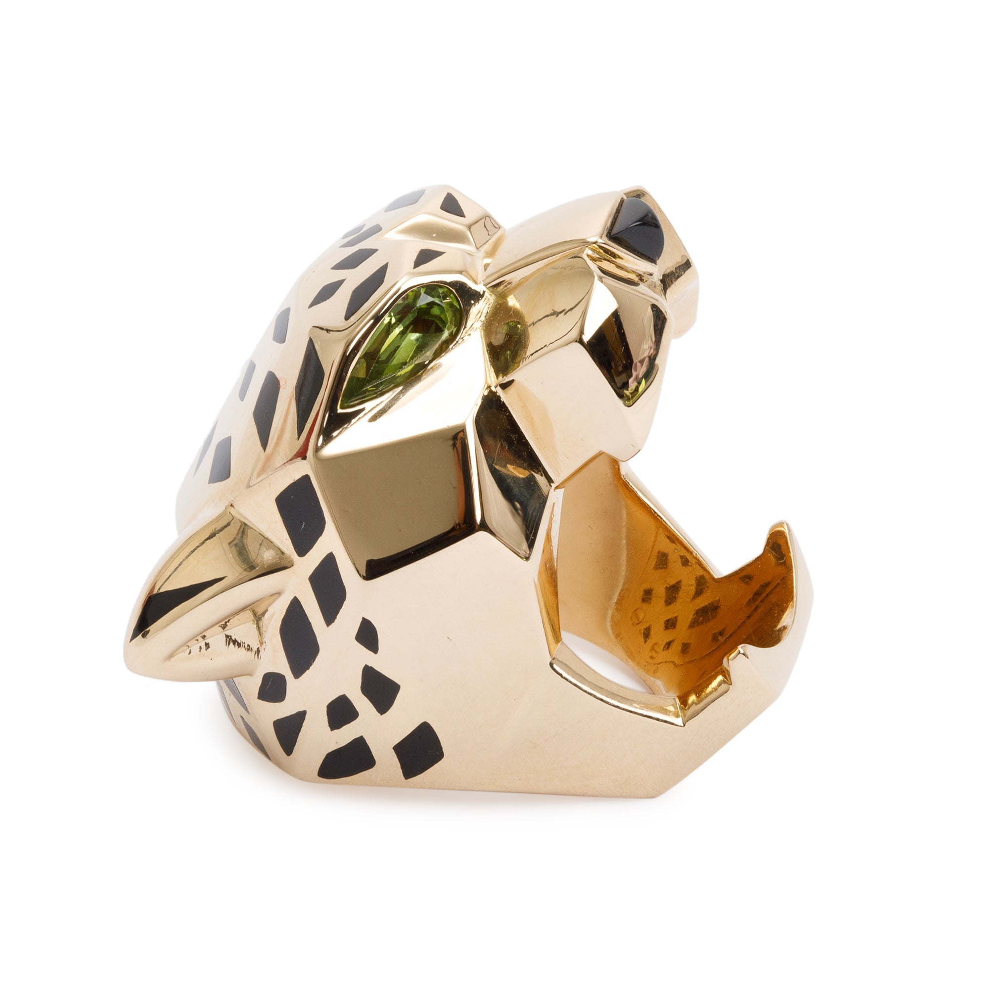 Cartier 18k Yellow Gold Black Lacquer Onyx & Peridot Panthere de Cartier Ring, Size 51 5.5