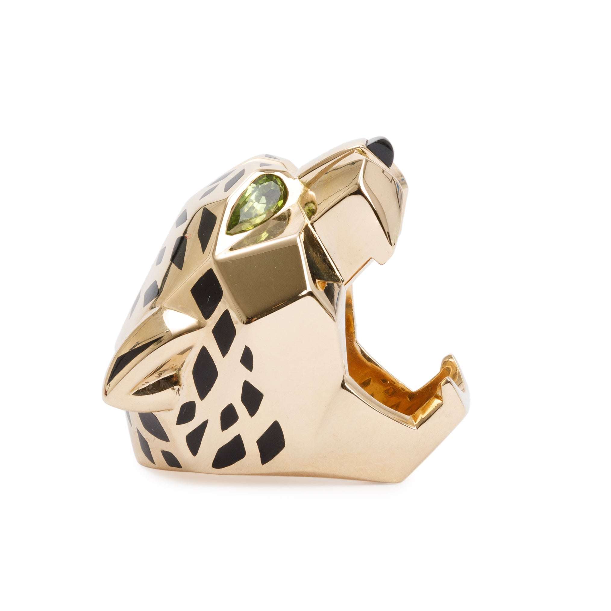 Cartier 18k Yellow Gold Black Lacquer Onyx & Peridot Panthere de Cartier Ring, Size 51 5.5