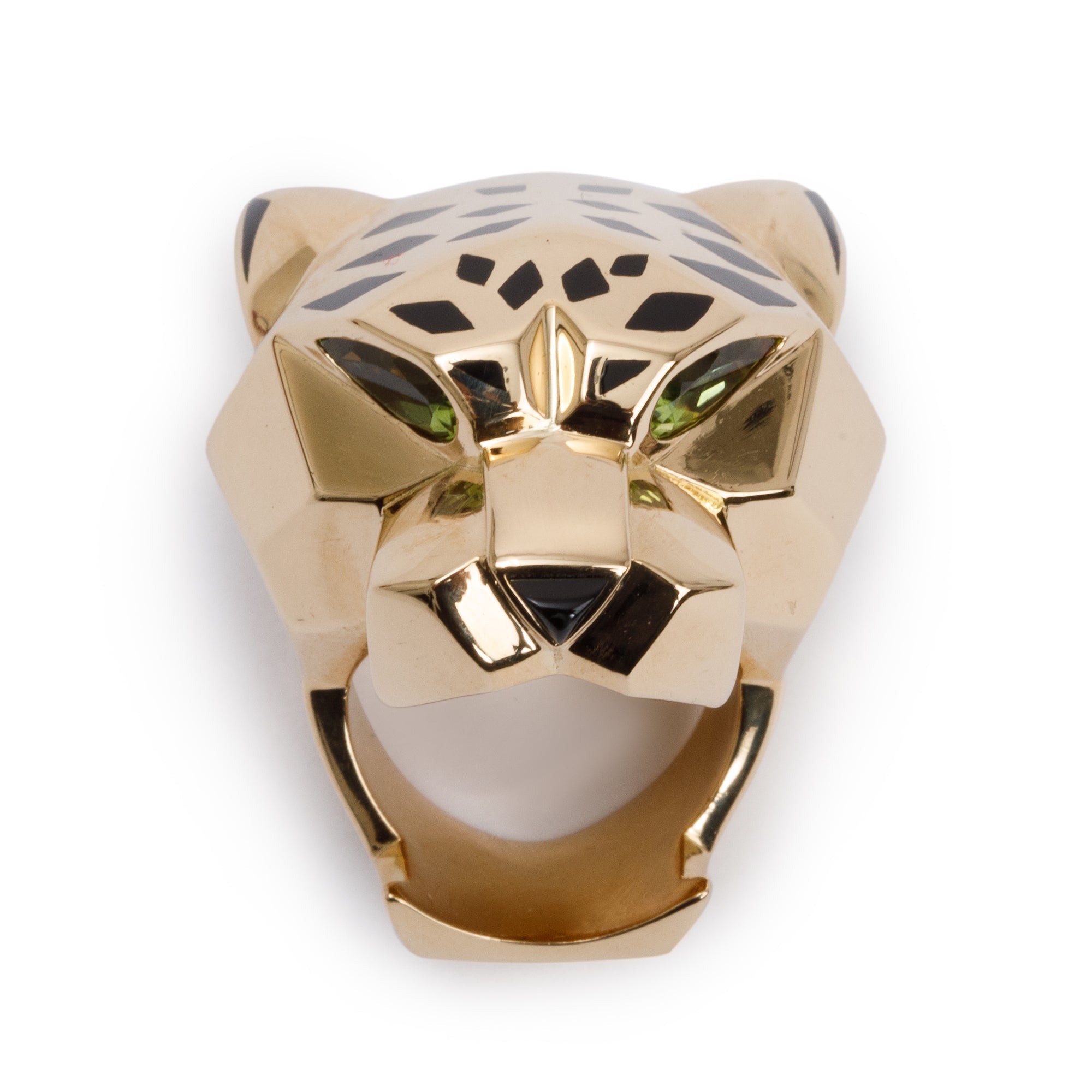 Cartier 18k Yellow Gold Black Lacquer Onyx & Peridot Panthere de Cartier Ring, Size 51 5.5