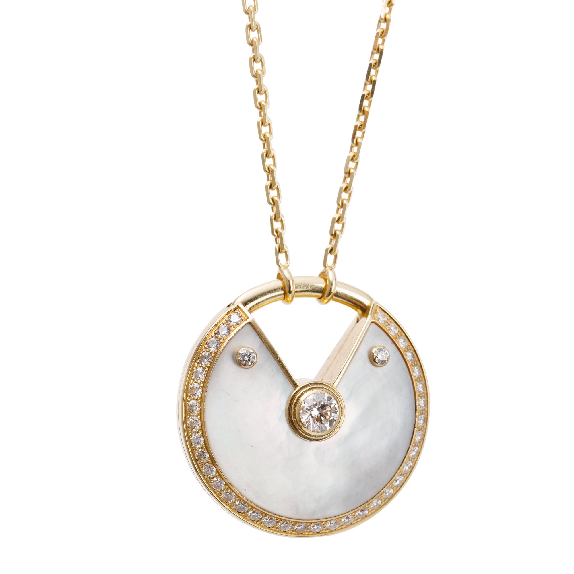 Cartier 18k Yellow Gold Diamond Amulette de Cartier Mother of Pearl Large Pendant Necklace w/ Box