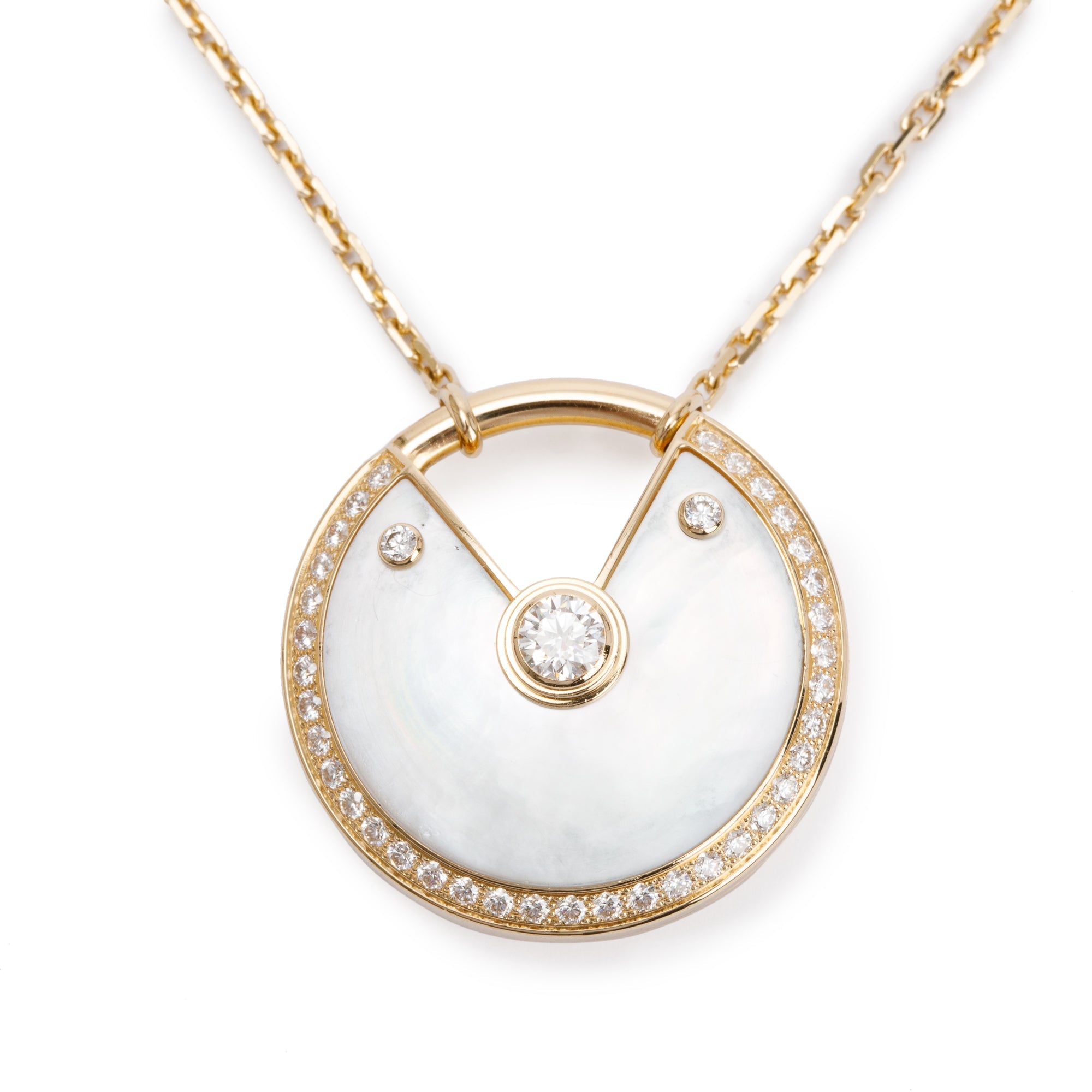 Cartier 18k Yellow Gold Diamond Amulette de Cartier Mother of Pearl Large Pendant Necklace w/ Box