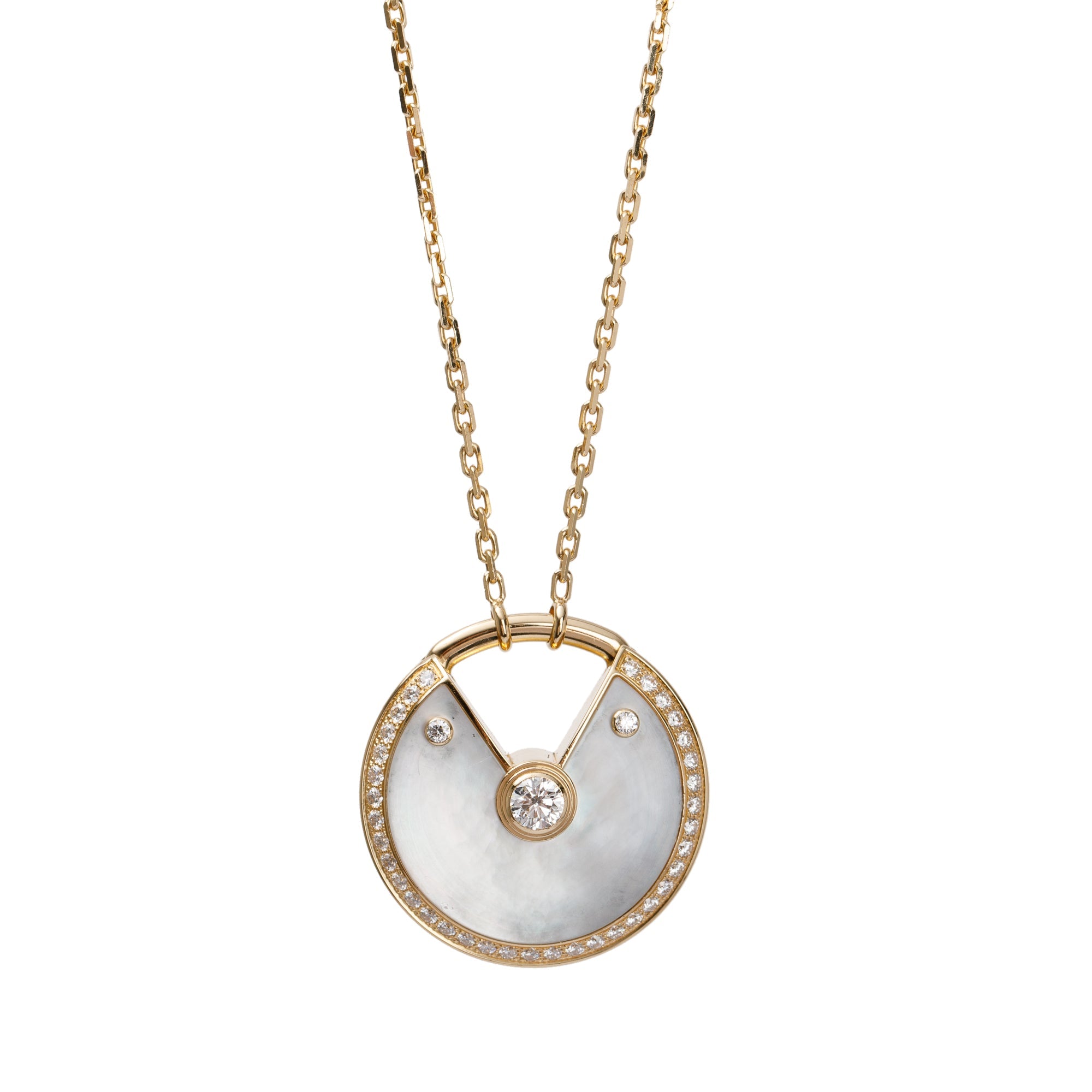 Cartier 18k Yellow Gold Diamond Amulette de Cartier Mother of Pearl Large Pendant Necklace w/ Box