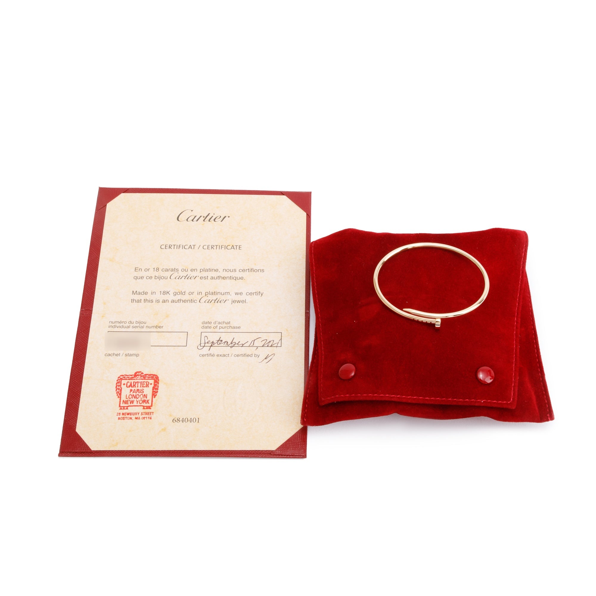 Cartier 18k Yellow Gold Juste Un Clou Bracelet, Small Model, Size 15 w/ Pouch, Certificate & Receipt