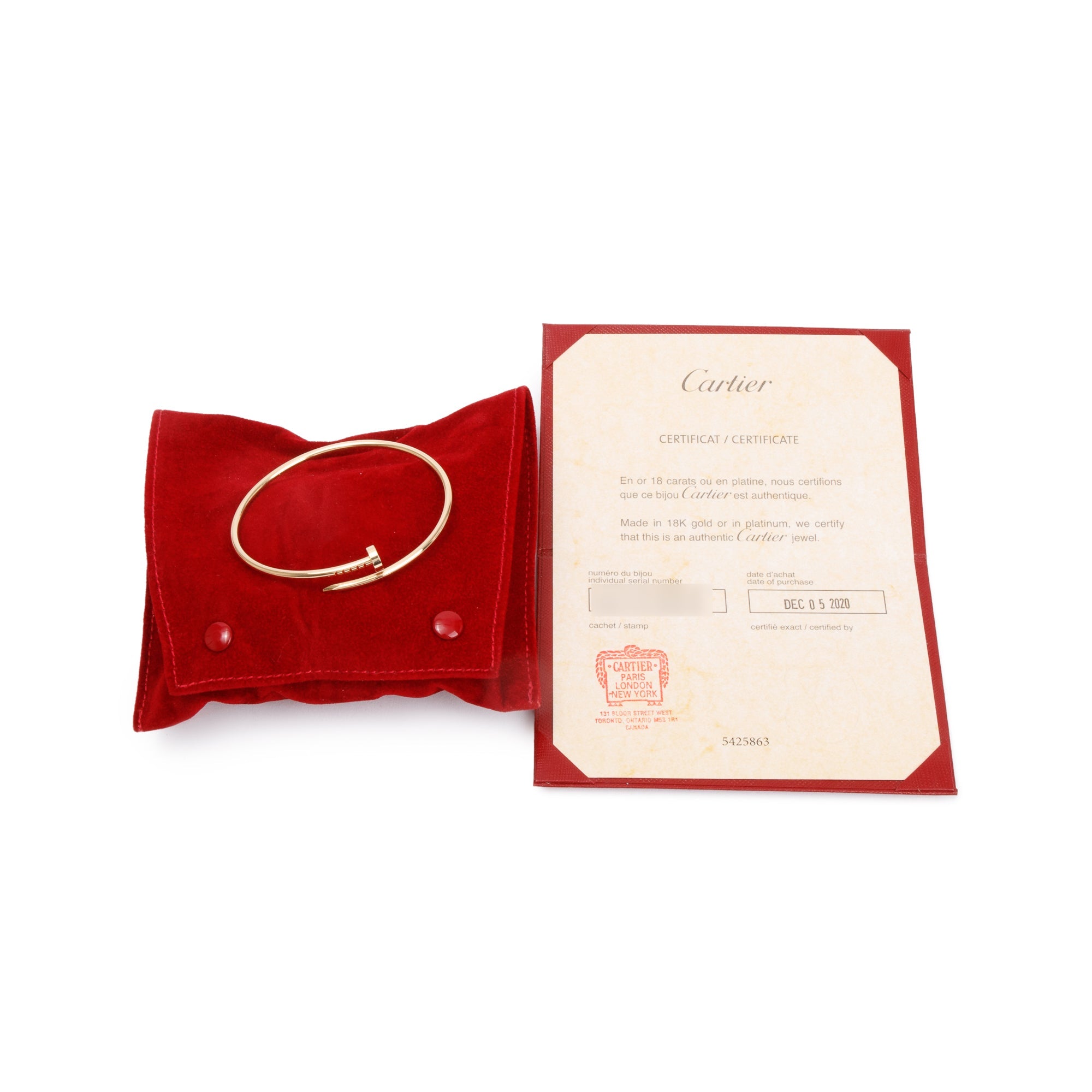 Cartier 18k Yellow Gold Juste Un Clou Bracelet, Small Model, Size 18 w/ Pouch, Certificate & Receipt