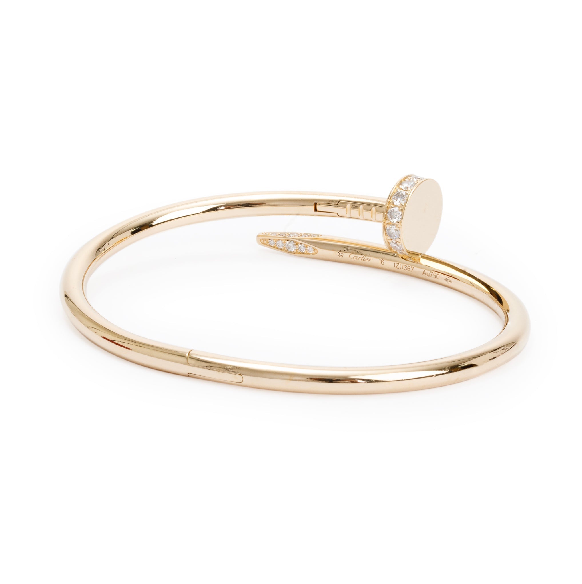 Cartier 18k Yellow Gold Juste Un Clou Diamond Bracelet, Size 16 w/ Box, Certificate & Receipt