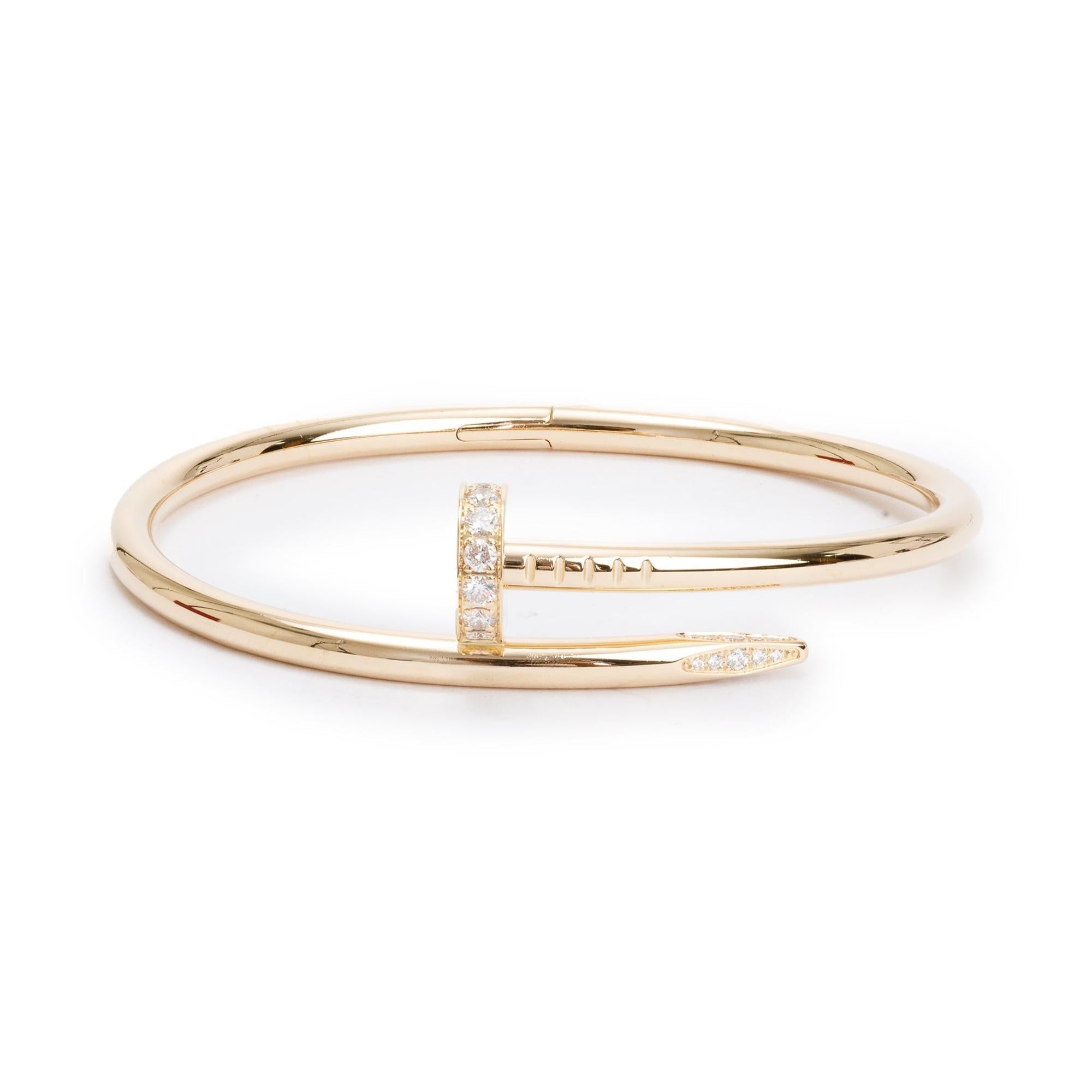 Cartier 18k Yellow Gold Juste Un Clou Diamond Bracelet, Size 16 w/ Box, Certificate & Receipt