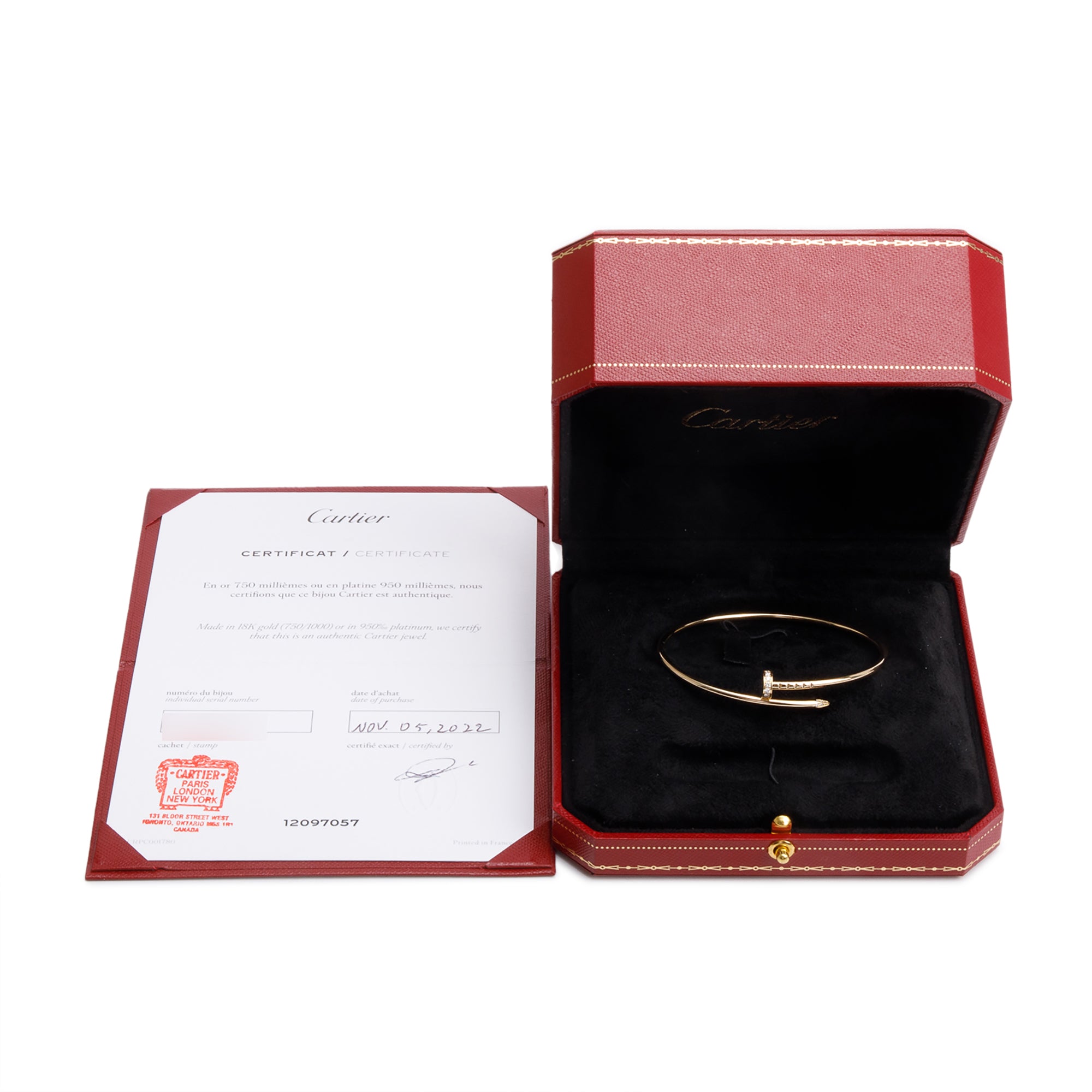 Cartier 18k Yellow Gold Juste Un Clou Diamond Bracelet, Small Model, Size 17 w/ Box & Certificate