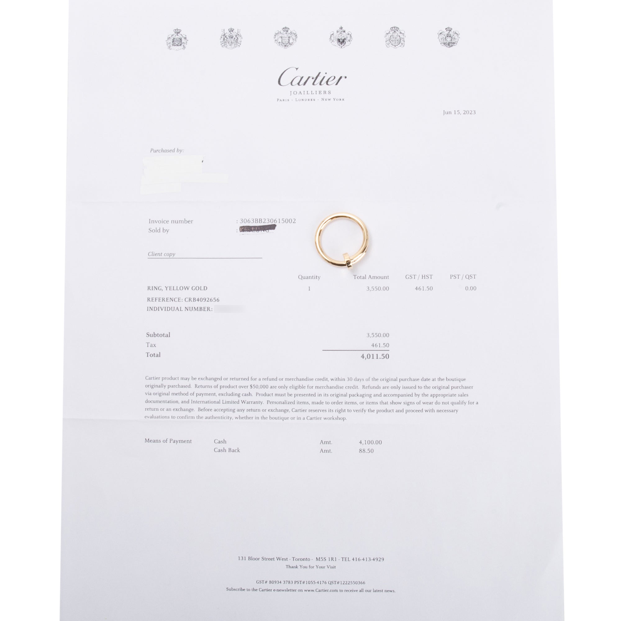 Cartier 18k Yellow Gold Juste Un Clou Ring, Size 56 7.5 w/ Box, Certificate & Receipt