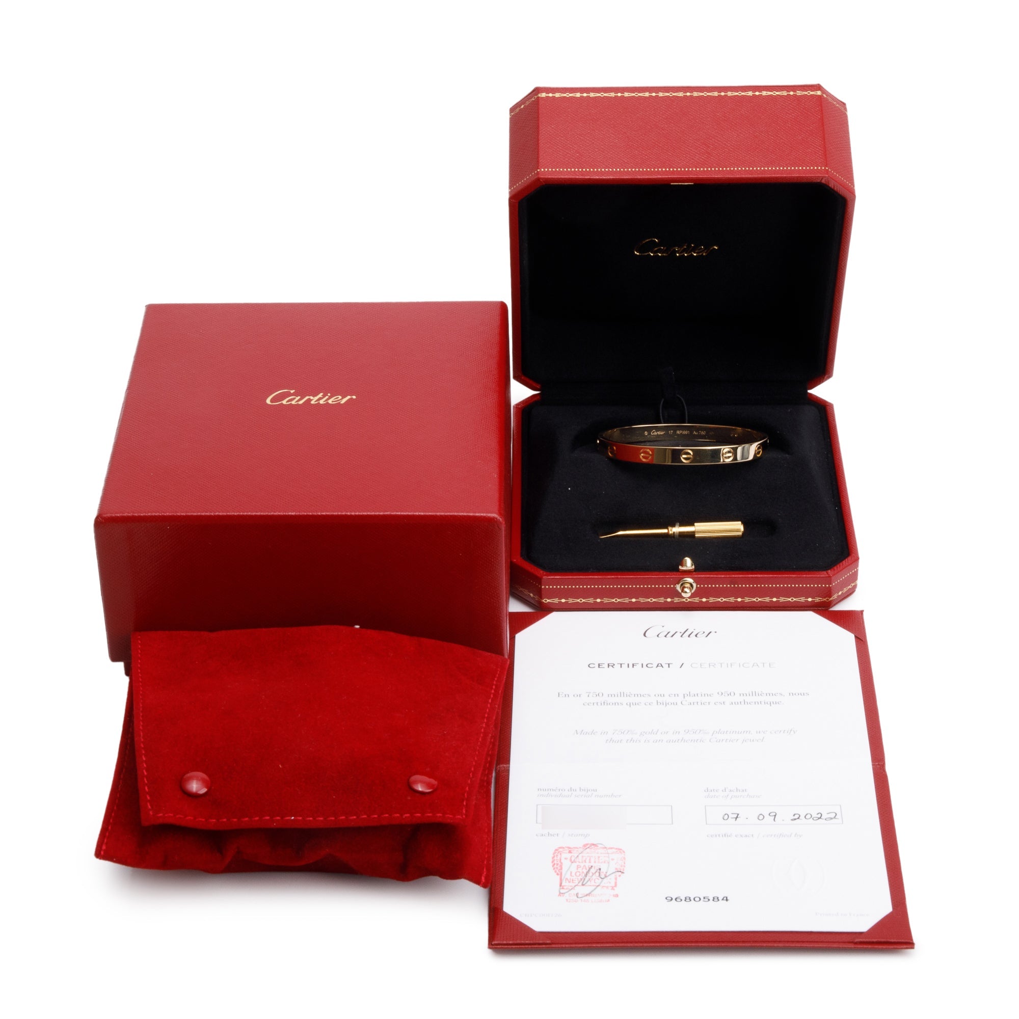 Cartier 18k Yellow Gold Love Bracelet, Size 17 w/ Box & Certificate