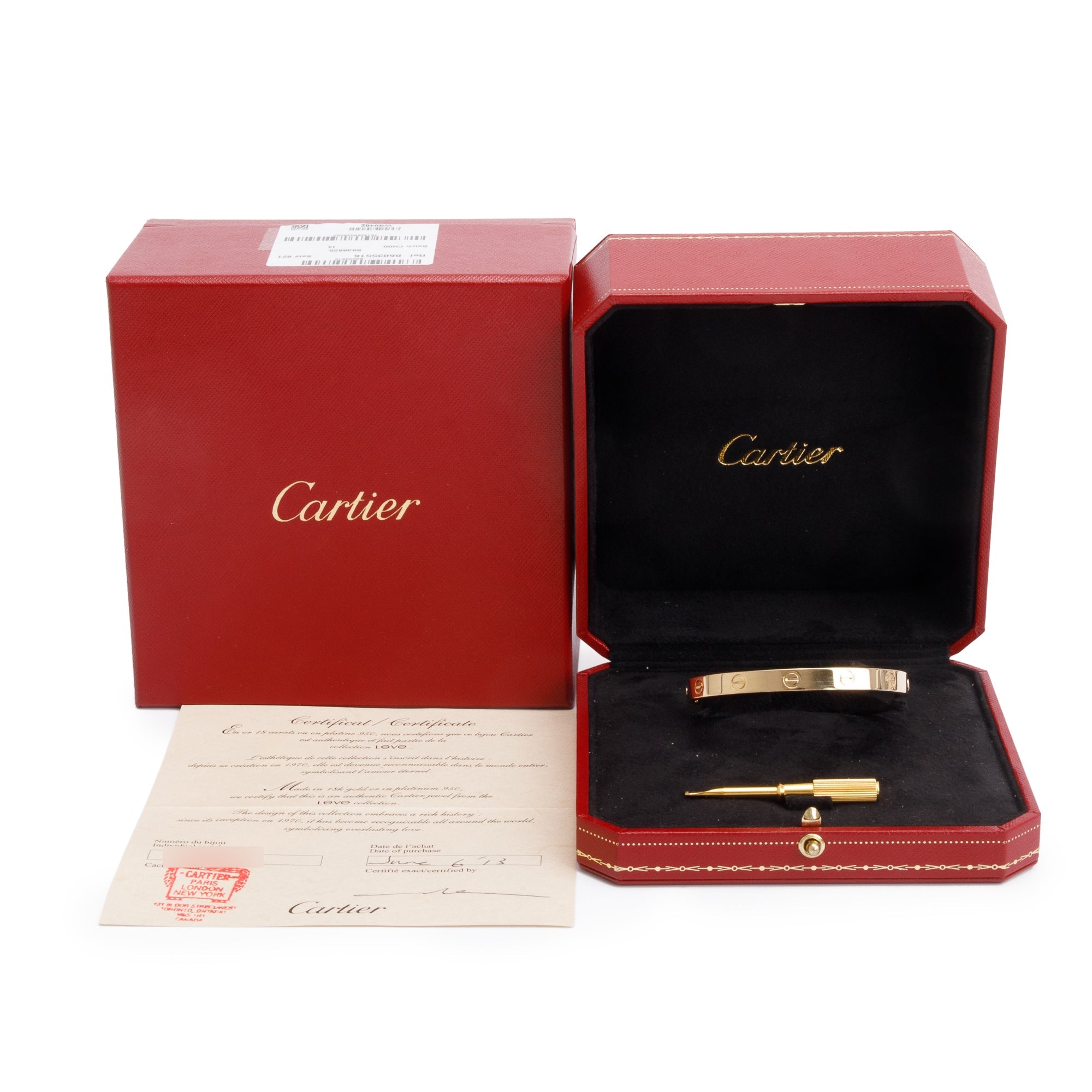 Cartier 18k Yellow Gold Love Bracelet, Size 17 w/ Box & Certificate