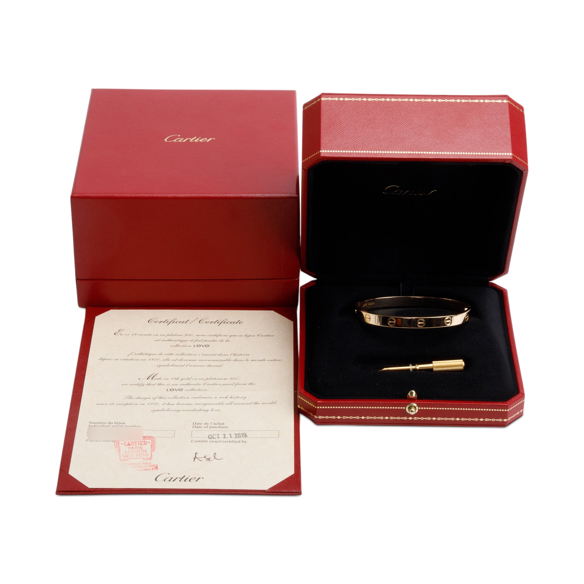 Cartier 18k Yellow Gold Love Bracelet, Size 18 w/ Box & Certificate