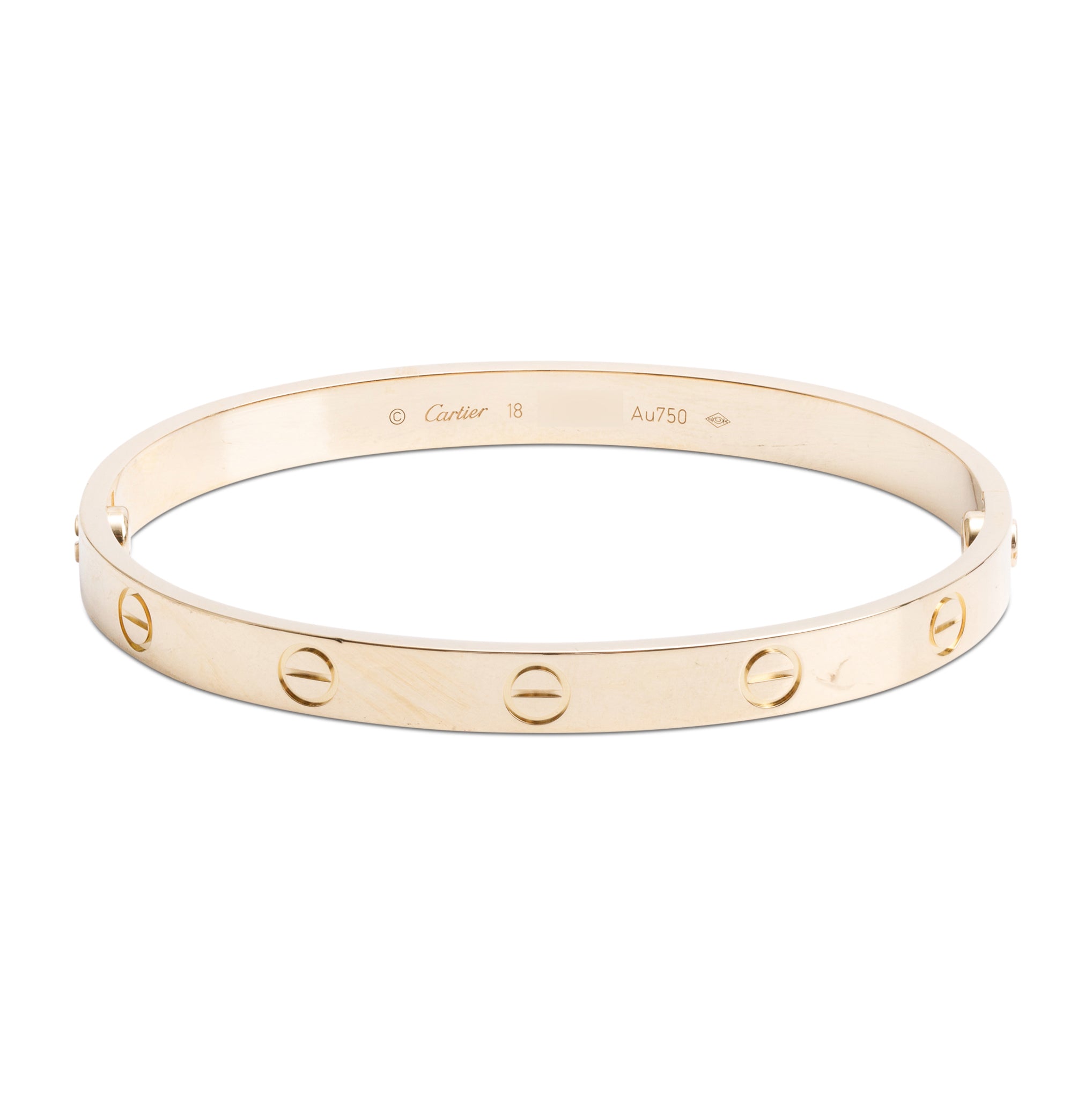 Cartier 18k Yellow Gold Love Bracelet, Size 18 w/ Box & Certificate