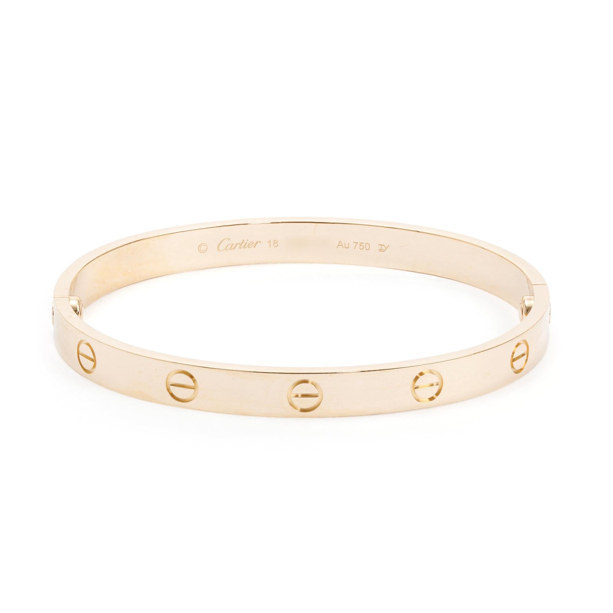 Cartier 18k Yellow Gold Love Bracelet, Size 18 w/ Receipt & Certificate