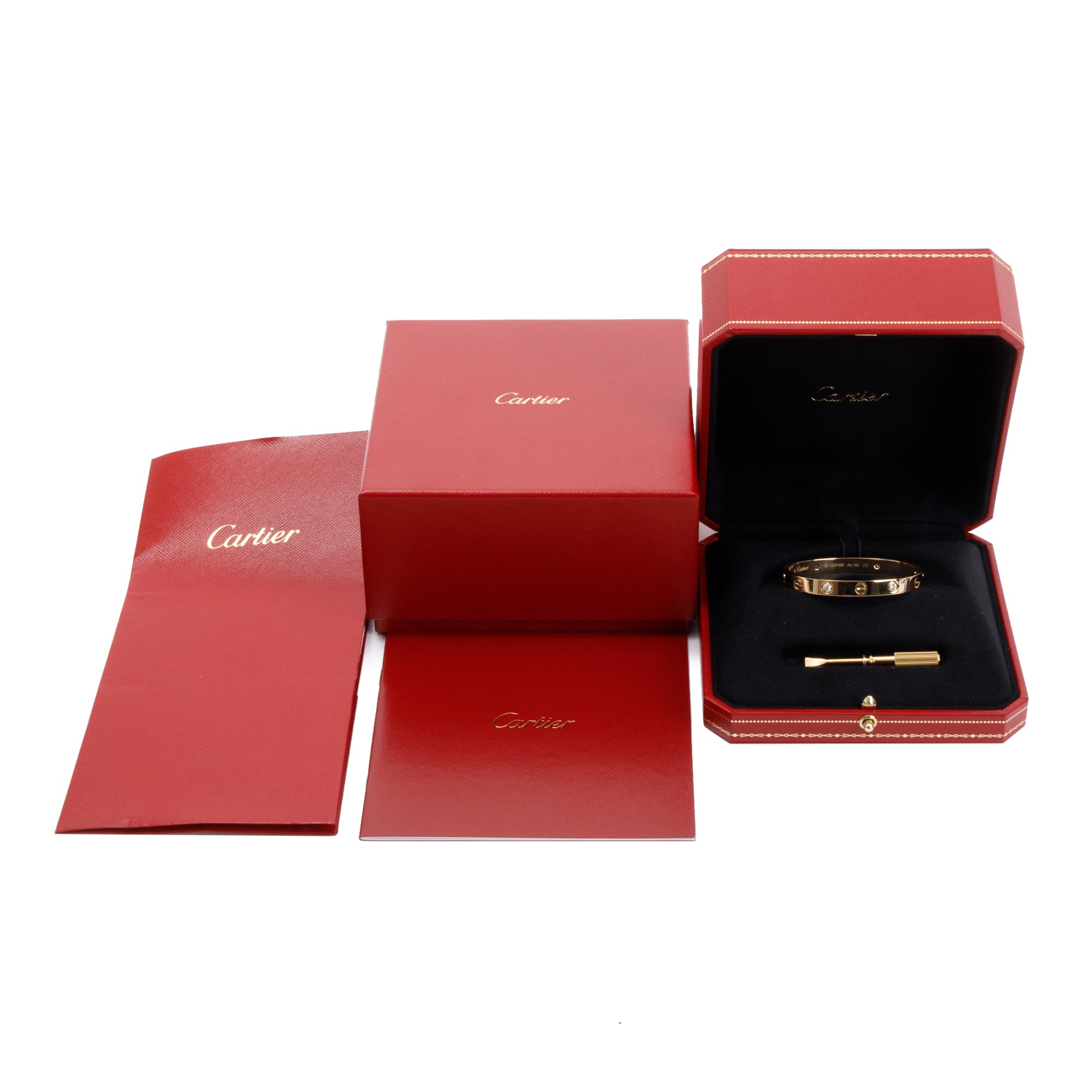 Cartier 18k Yellow Gold Love Bracelet with 4 Diamonds, Size 15 w/ Box, Receipt & Certificate