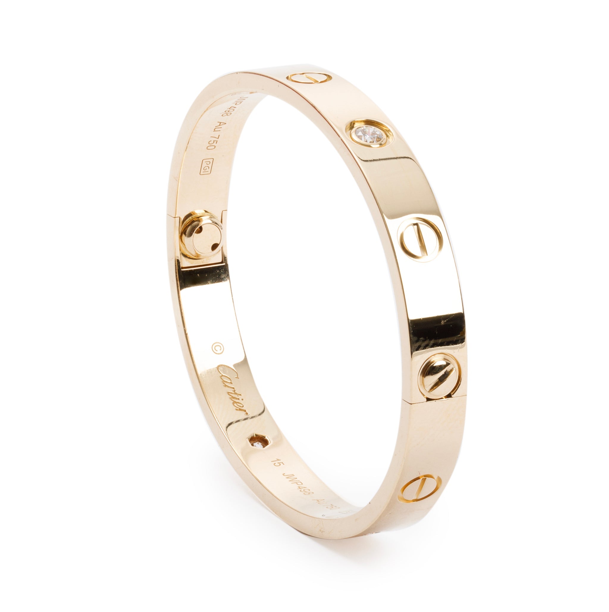 Cartier 18k Yellow Gold Love Bracelet with 4 Diamonds, Size 15 w/ Box, Receipt & Certificate