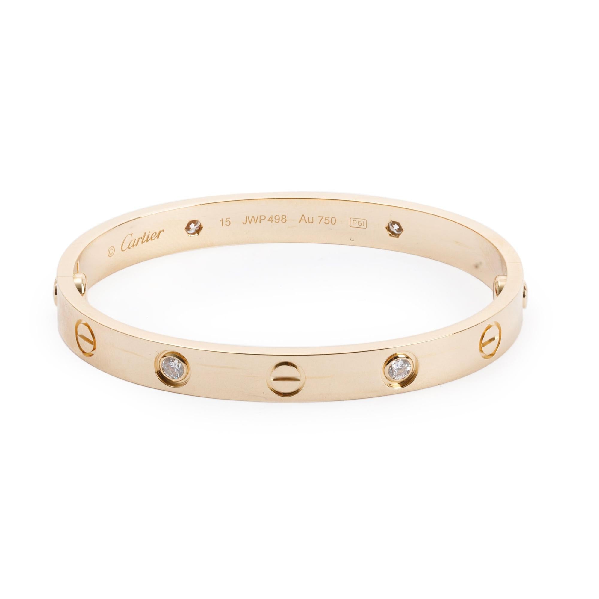 Cartier 18k Yellow Gold Love Bracelet with 4 Diamonds, Size 15 w/ Box, Receipt & Certificate