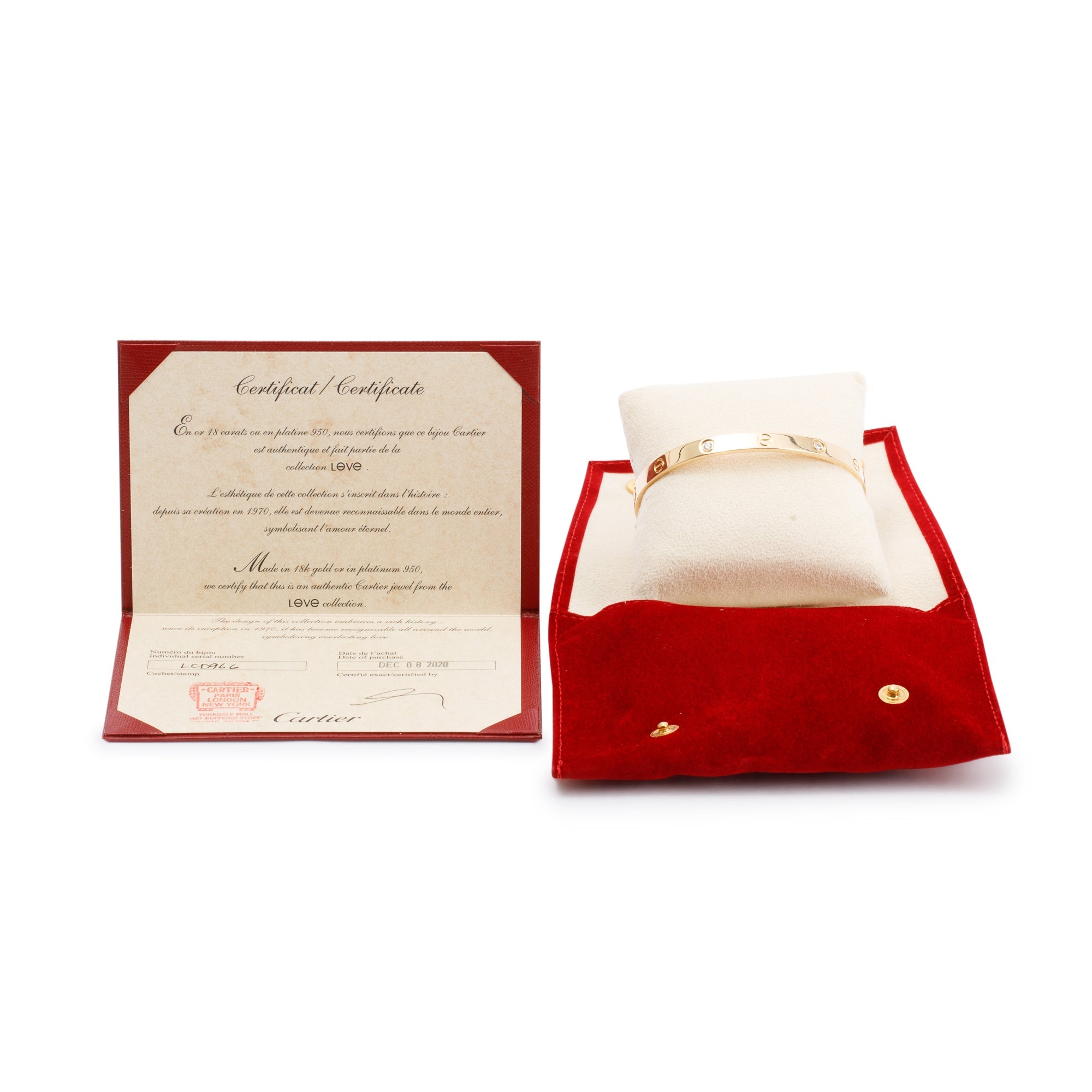 Cartier 18k Yellow Gold Love Bracelet with 4 Diamonds, Size 19 w/ Certificate