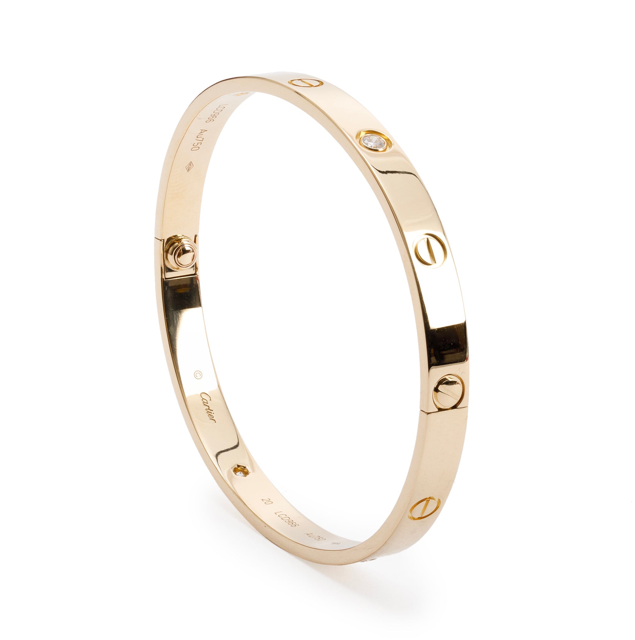 Cartier 18k Yellow Gold Love Bracelet with 4 Diamonds, Size 19 w/ Certificate