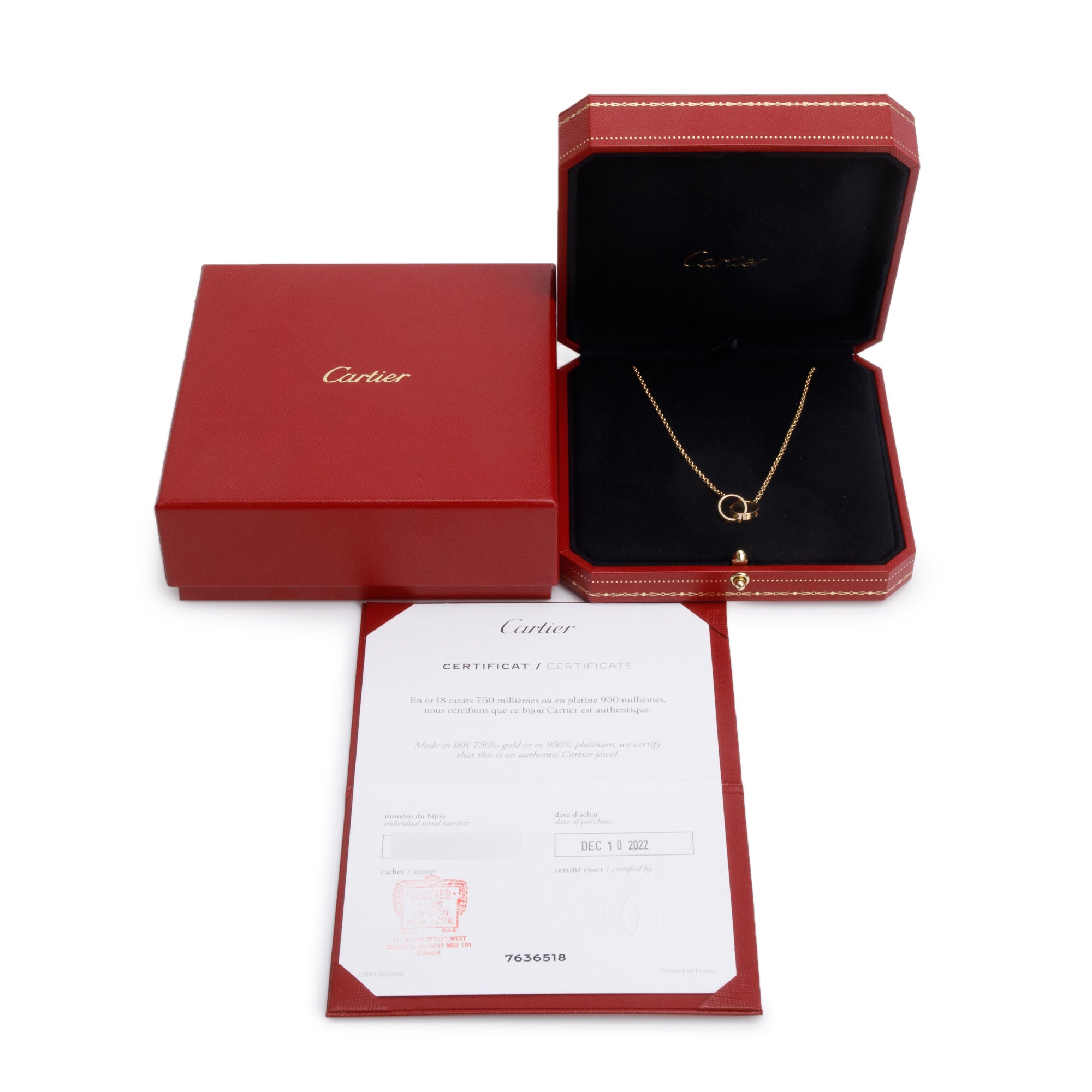 Cartier 18k Yellow Gold Love Necklace w/ Box, Receipt & Certificate
