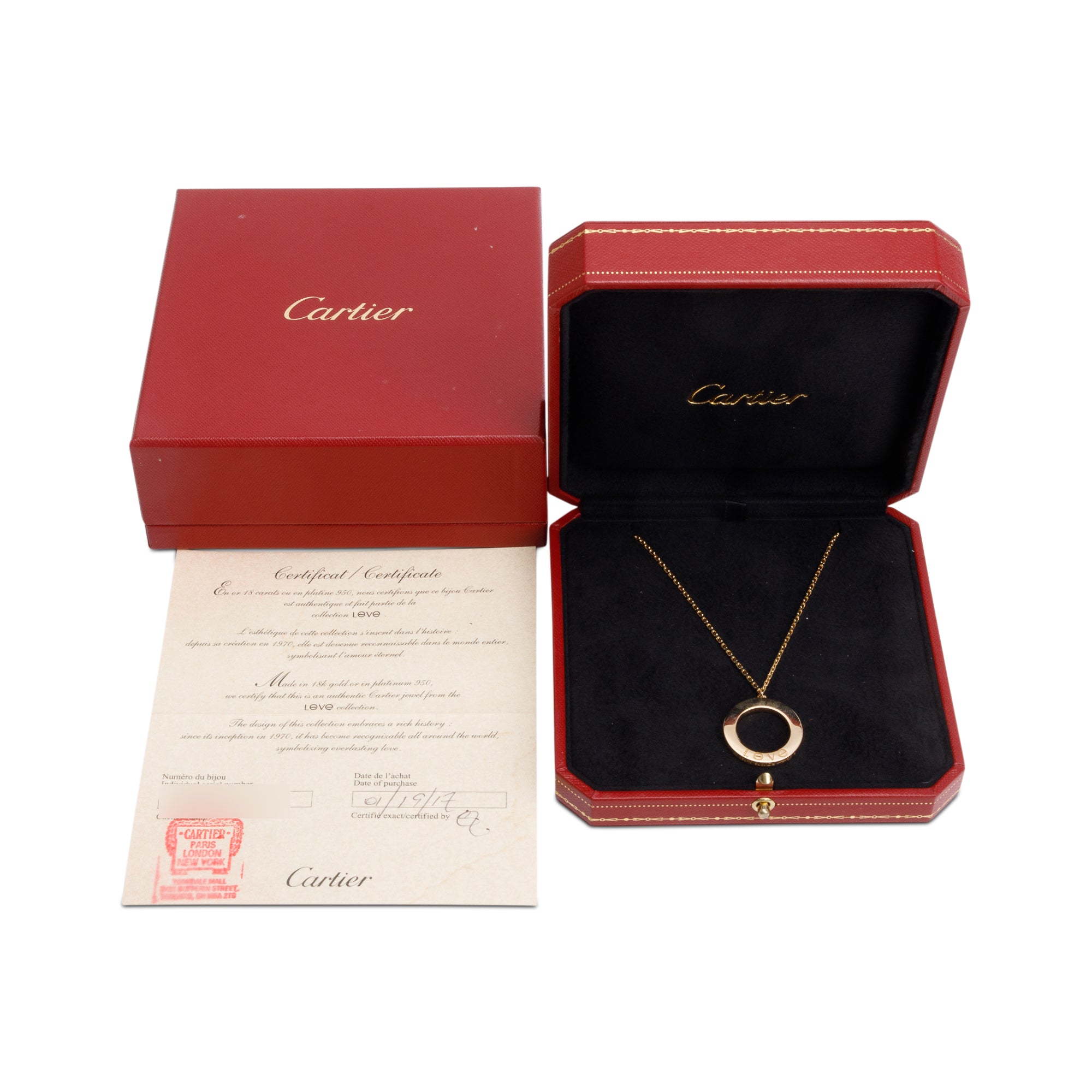 Cartier 18k Yellow Gold Love Pendant Necklace w/ Box & Certificate