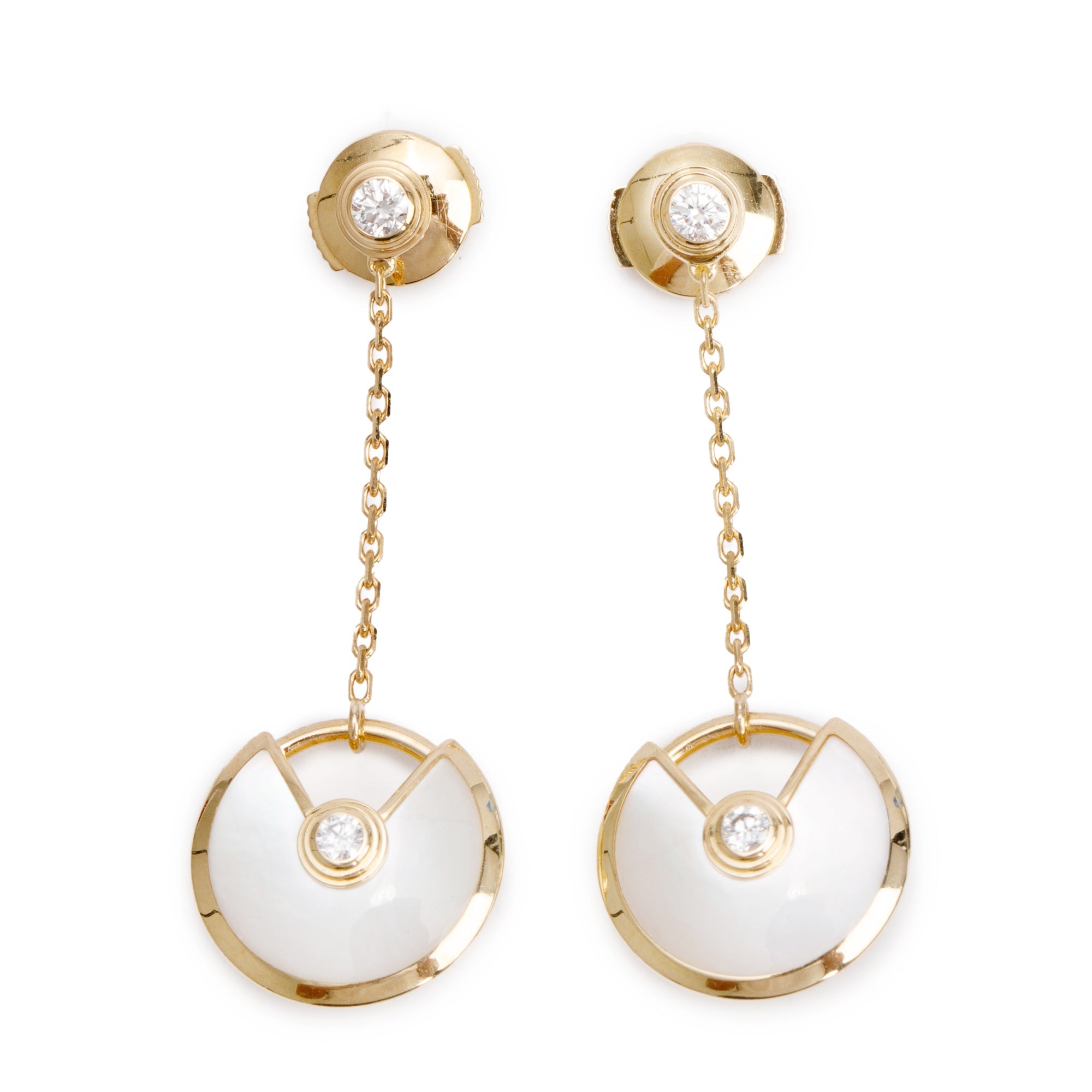 Cartier 18k Yellow Gold Mother of Pearl & Diamond Amulette de Cartier XS Drop Earrings w/ Certificate