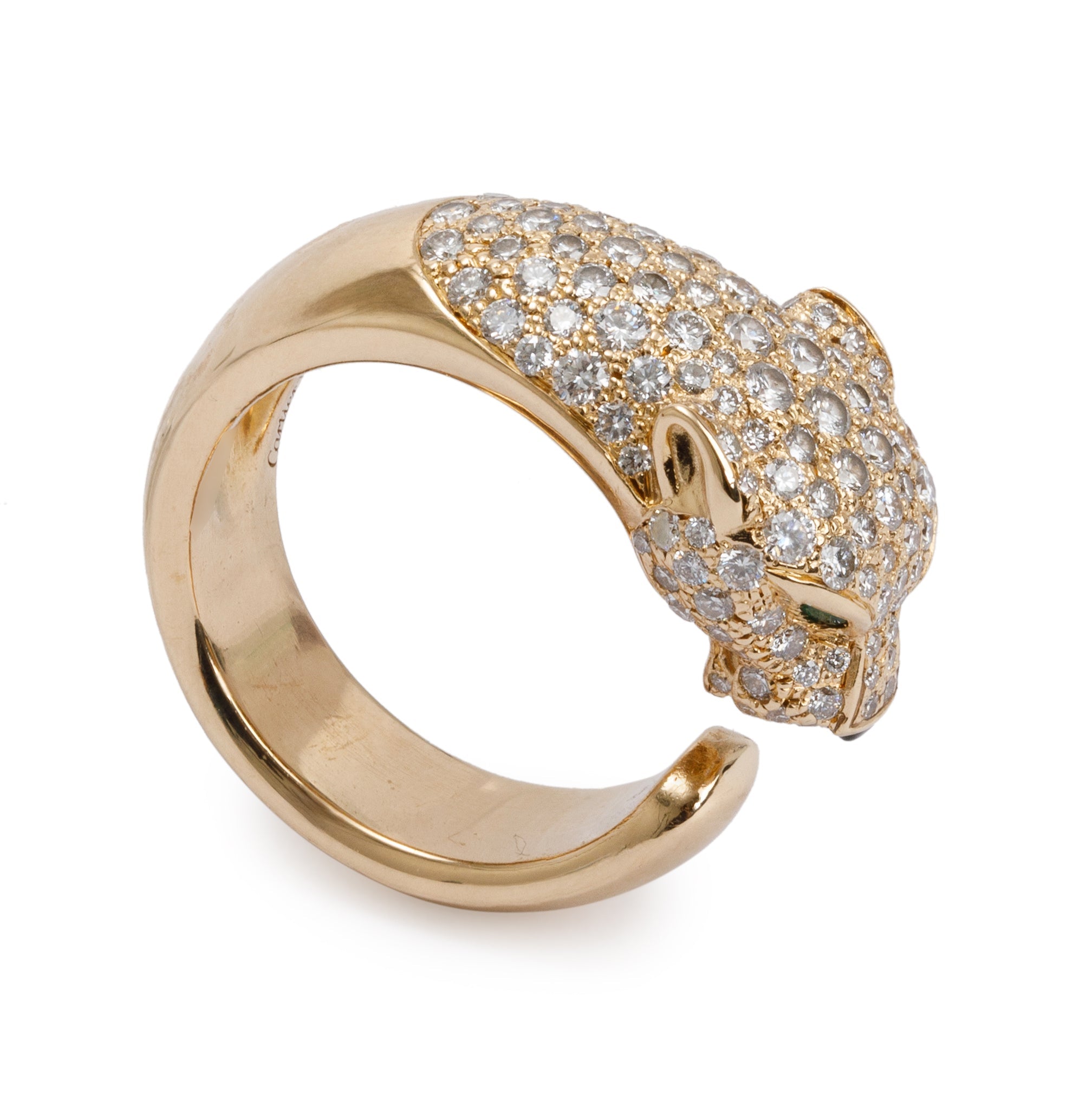 Cartier 18k Yellow Gold Pave Diamond, Onyx & Emearld Panthere de Cartier Ring, Size 53 6.5