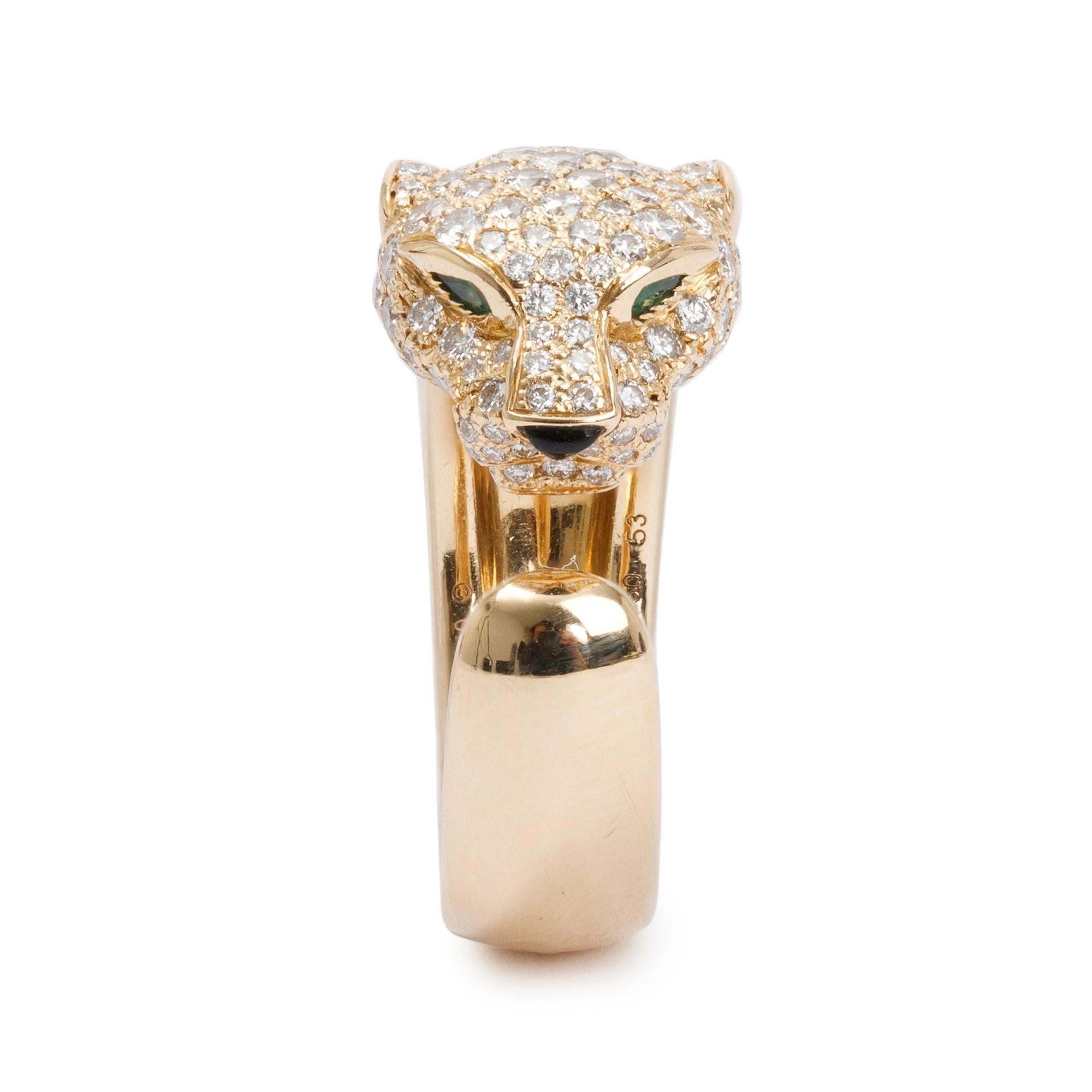 Cartier 18k Yellow Gold Pave Diamond, Onyx & Emearld Panthere de Cartier Ring, Size 53 6.5