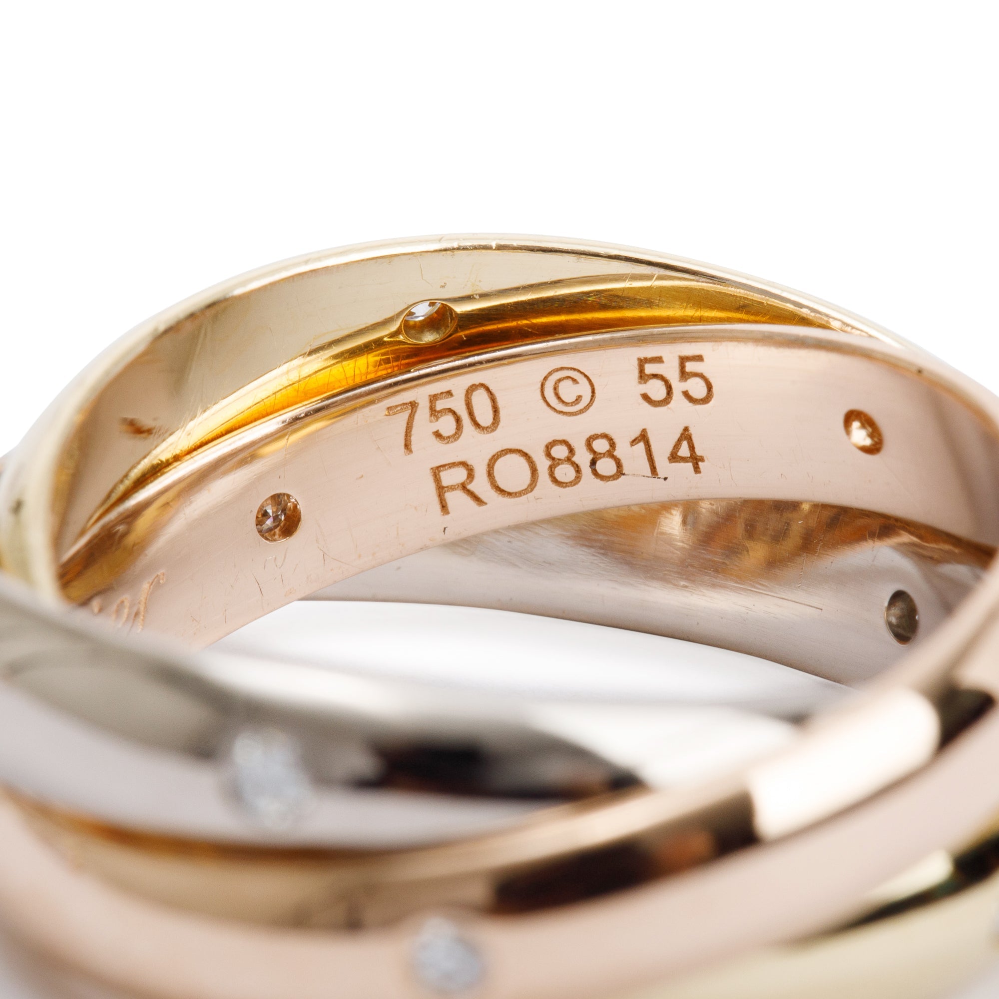Cartier 18k Yellow, White & Rose Gold Diamond Trinity Rolling Ring, Size 55 7.75